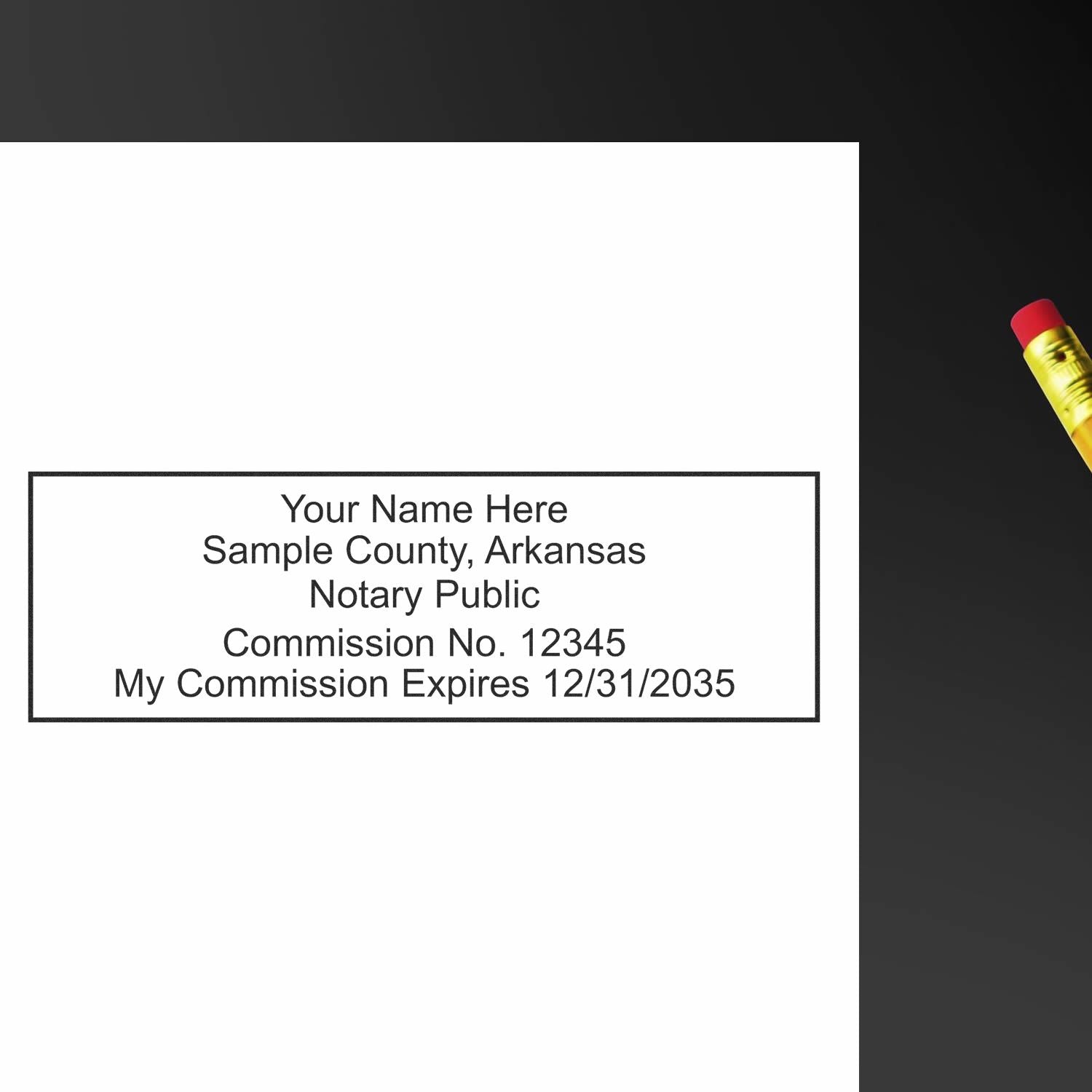 An alternative view of the PSI Arkansas Notary Stamp stamped on a sheet of paper showing the image in use