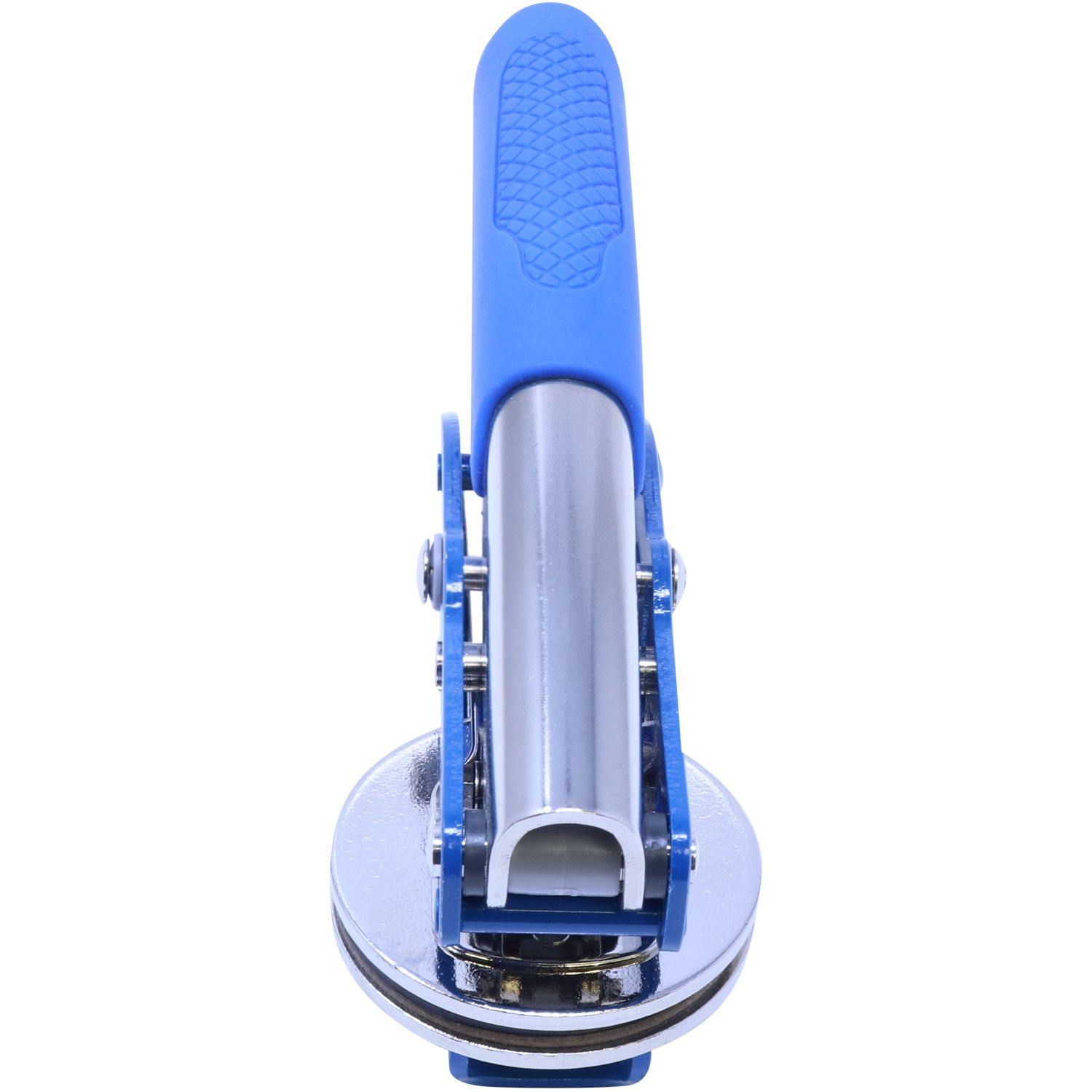 Real Estate Appraiser Blue Soft Seal Embosser with a blue handle and metal base, shown from an angled front view against a white background.