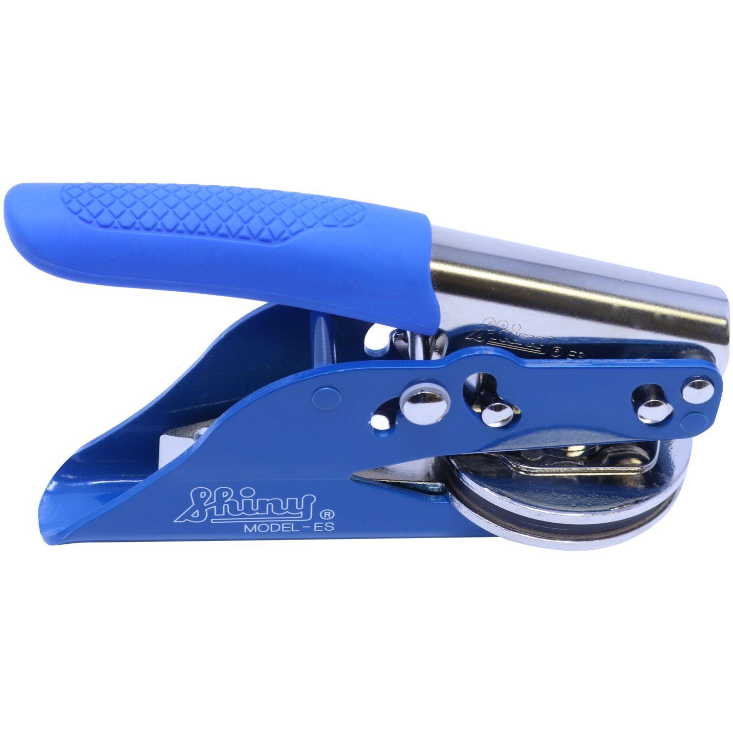 Blue Landscape Architect Soft Seal Embosser with ergonomic handle, angled side view, Shiny Model ES, 1-5/8 imprint.