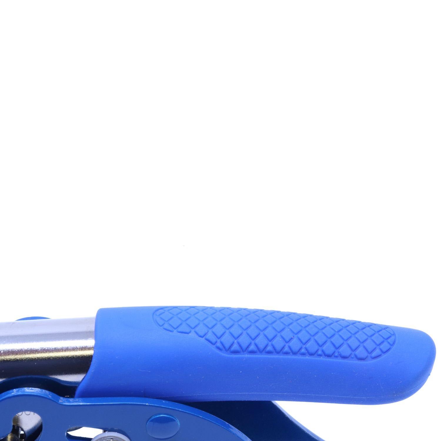 Close-up of the Landscape Architect Blue Soft Seal Embosser with a blue handle and metal components, showcasing its ergonomic design.