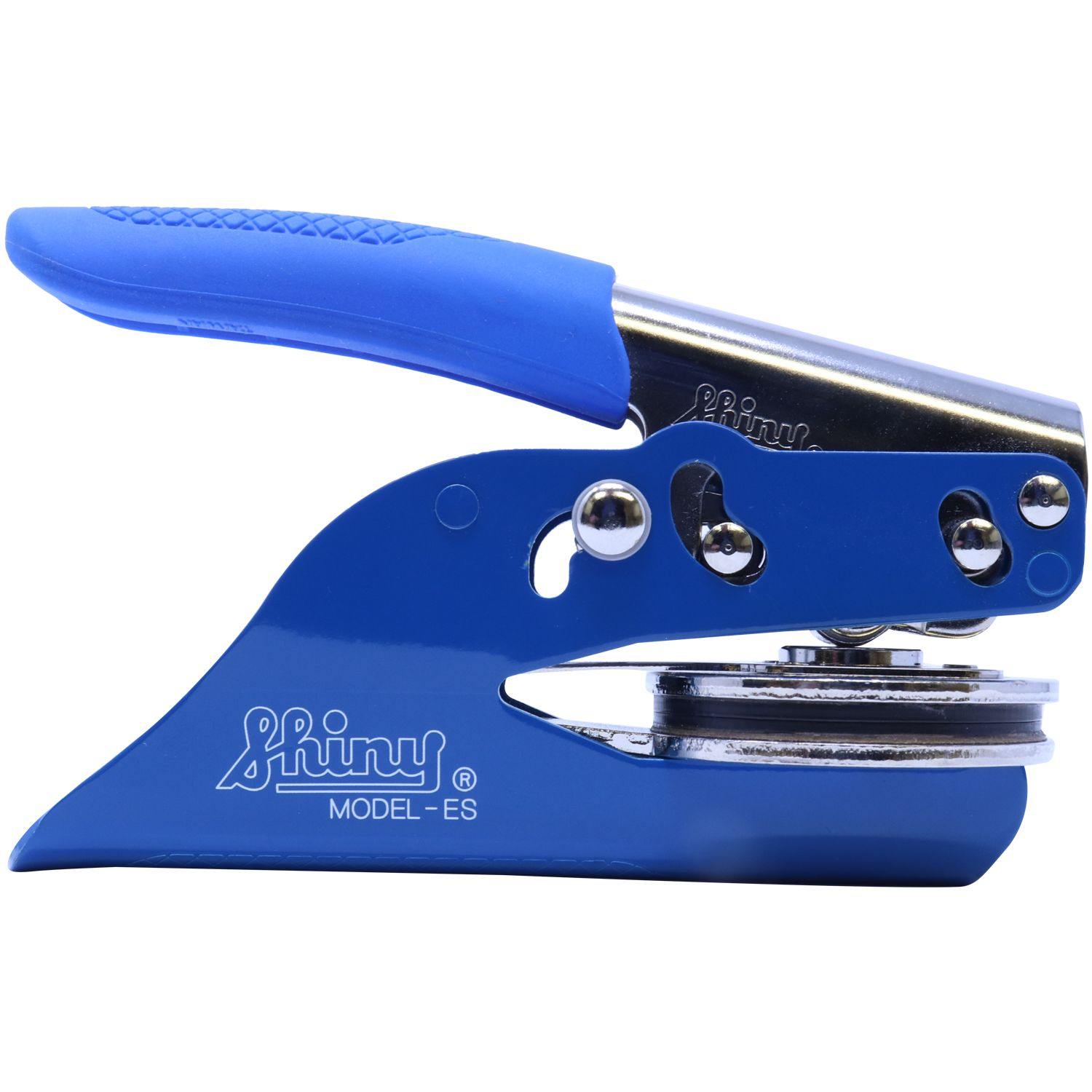 Real Estate Appraiser Blue Soft Seal Embosser with a blue handle and metal components, side view, showing the Shiny Model-ES imprint.