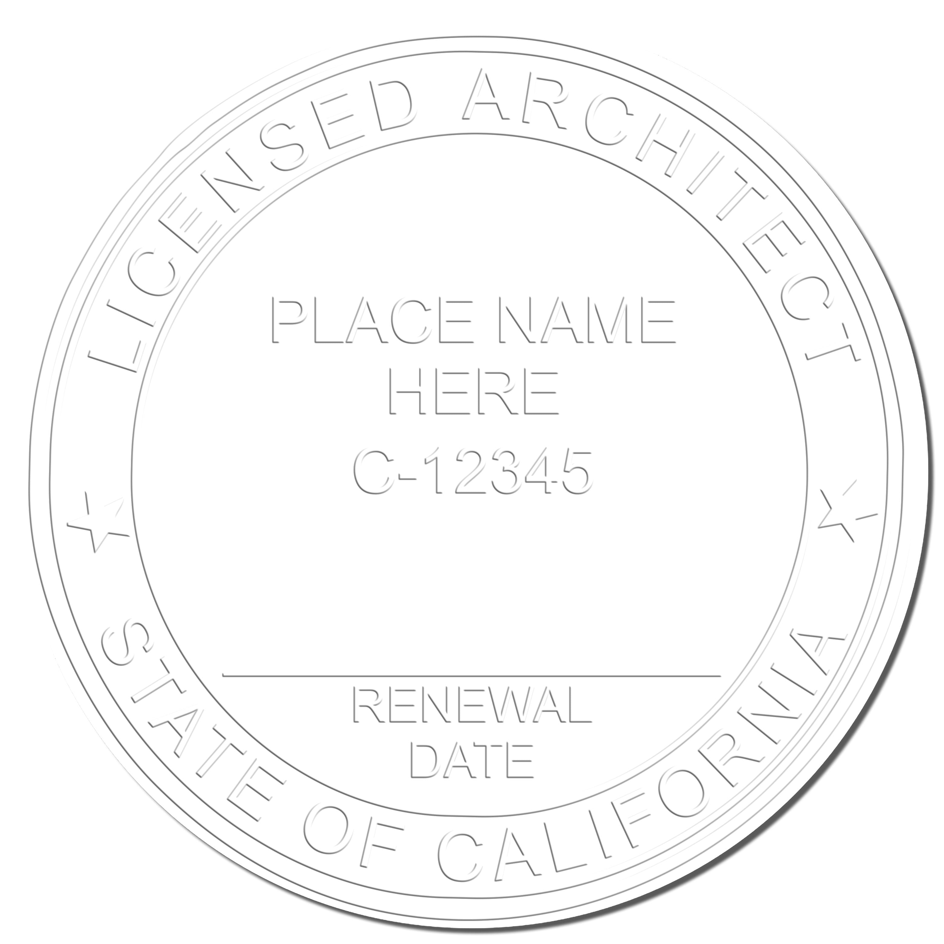 A photograph of the Handheld California Architect Seal Embosser stamp impression reveals a vivid, professional image of the on paper.