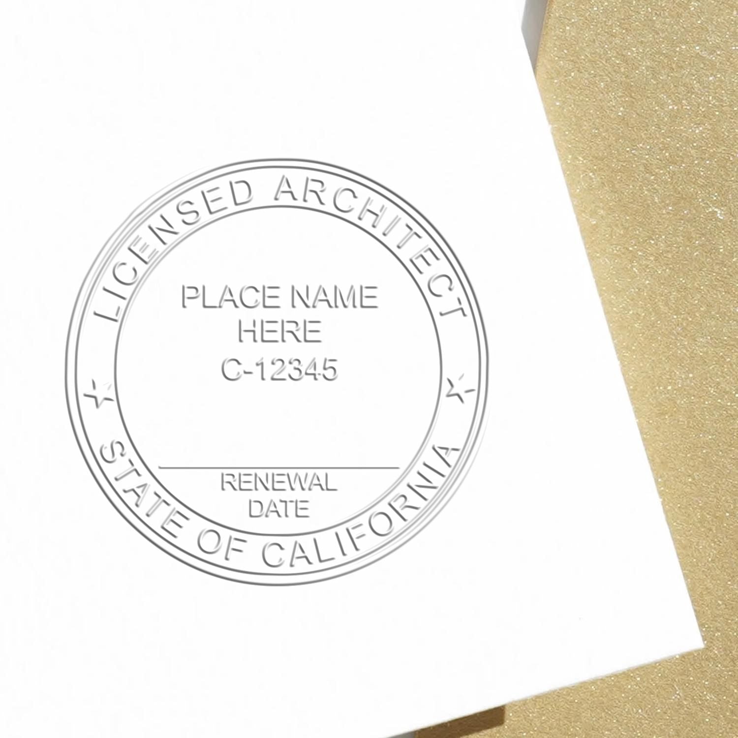 A lifestyle photo showing a stamped image of the Handheld California Architect Seal Embosser on a piece of paper