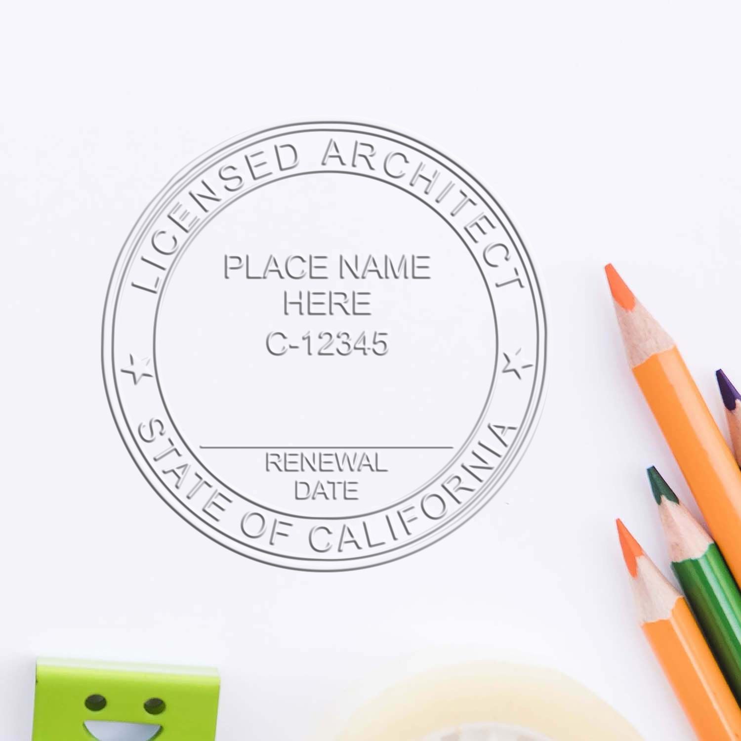 A stamped impression of the Handheld California Architect Seal Embosser in this stylish lifestyle photo, setting the tone for a unique and personalized product.