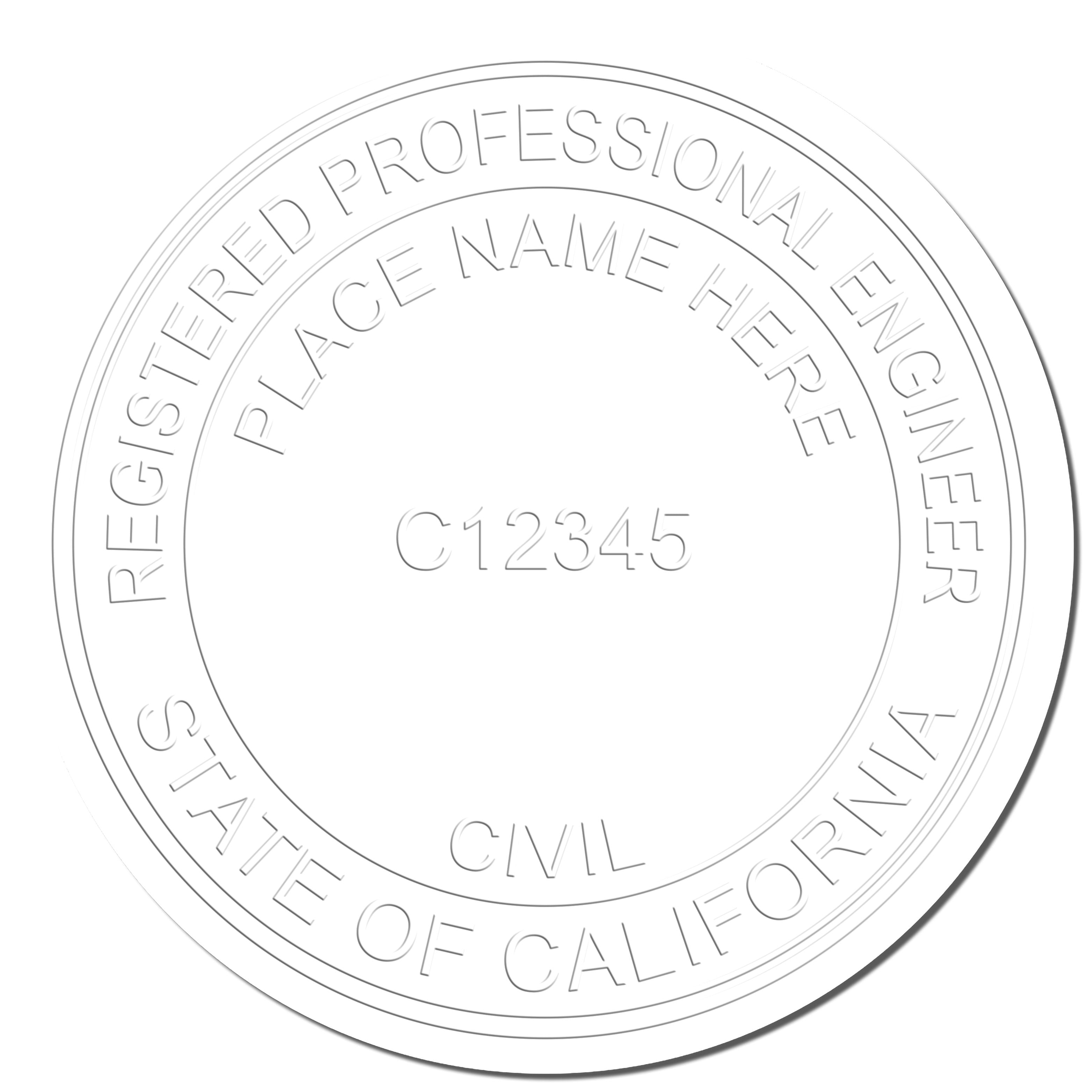 A photograph of the Handheld California Professional Engineer Embosser stamp impression reveals a vivid, professional image of the on paper.