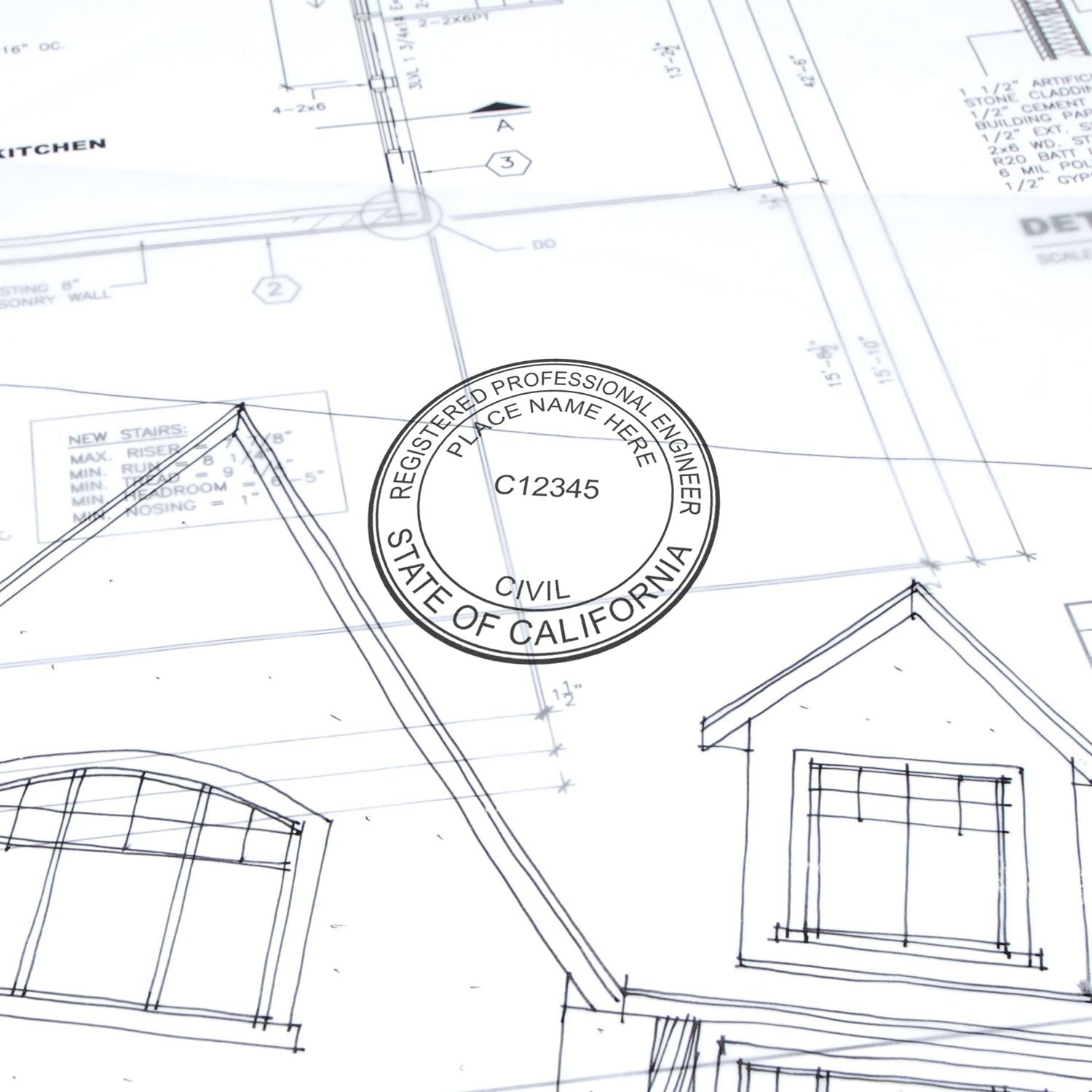 Another Example of a stamped impression of the Digital California PE Stamp and Electronic Seal for California Engineer on a piece of office paper.