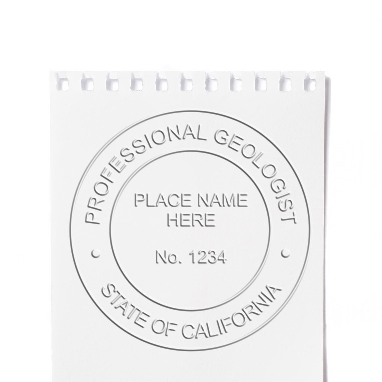 An alternative view of the Soft California Professional Geologist Seal stamped on a sheet of paper showing the image in use