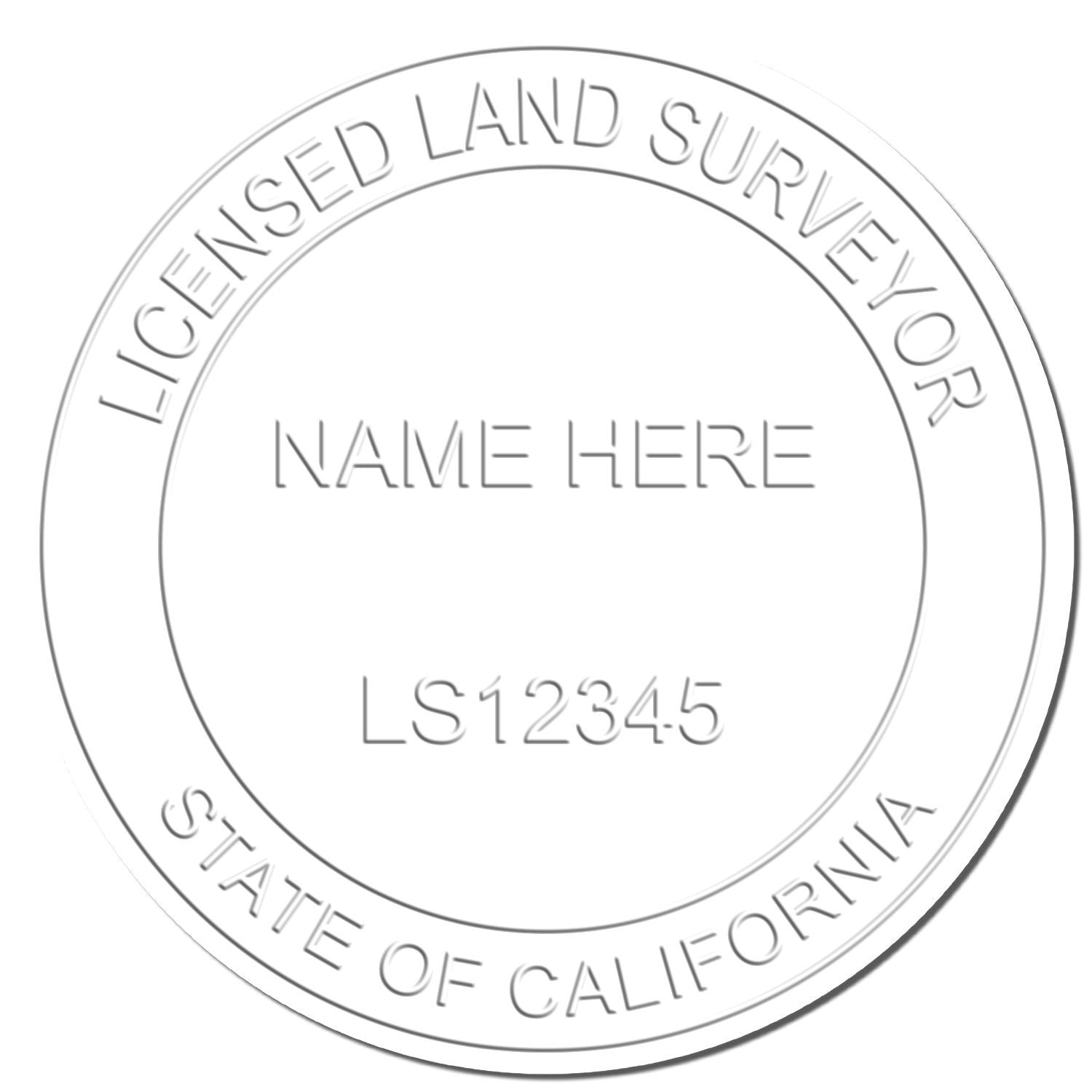 This paper is stamped with a sample imprint of the State of California Soft Land Surveyor Embossing Seal, signifying its quality and reliability.