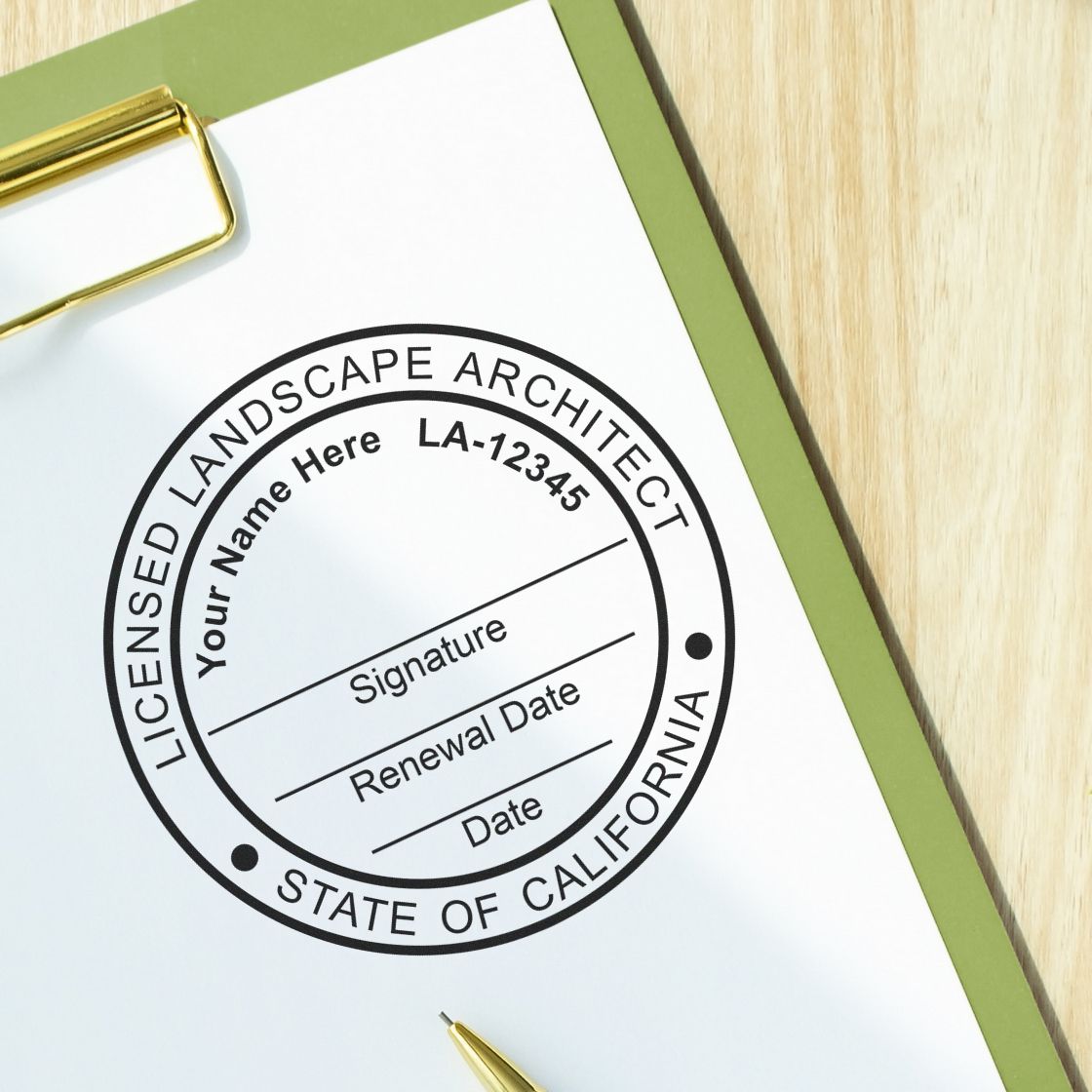 This paper is stamped with a sample imprint of the Slim Pre-Inked California Landscape Architect Seal Stamp, signifying its quality and reliability.