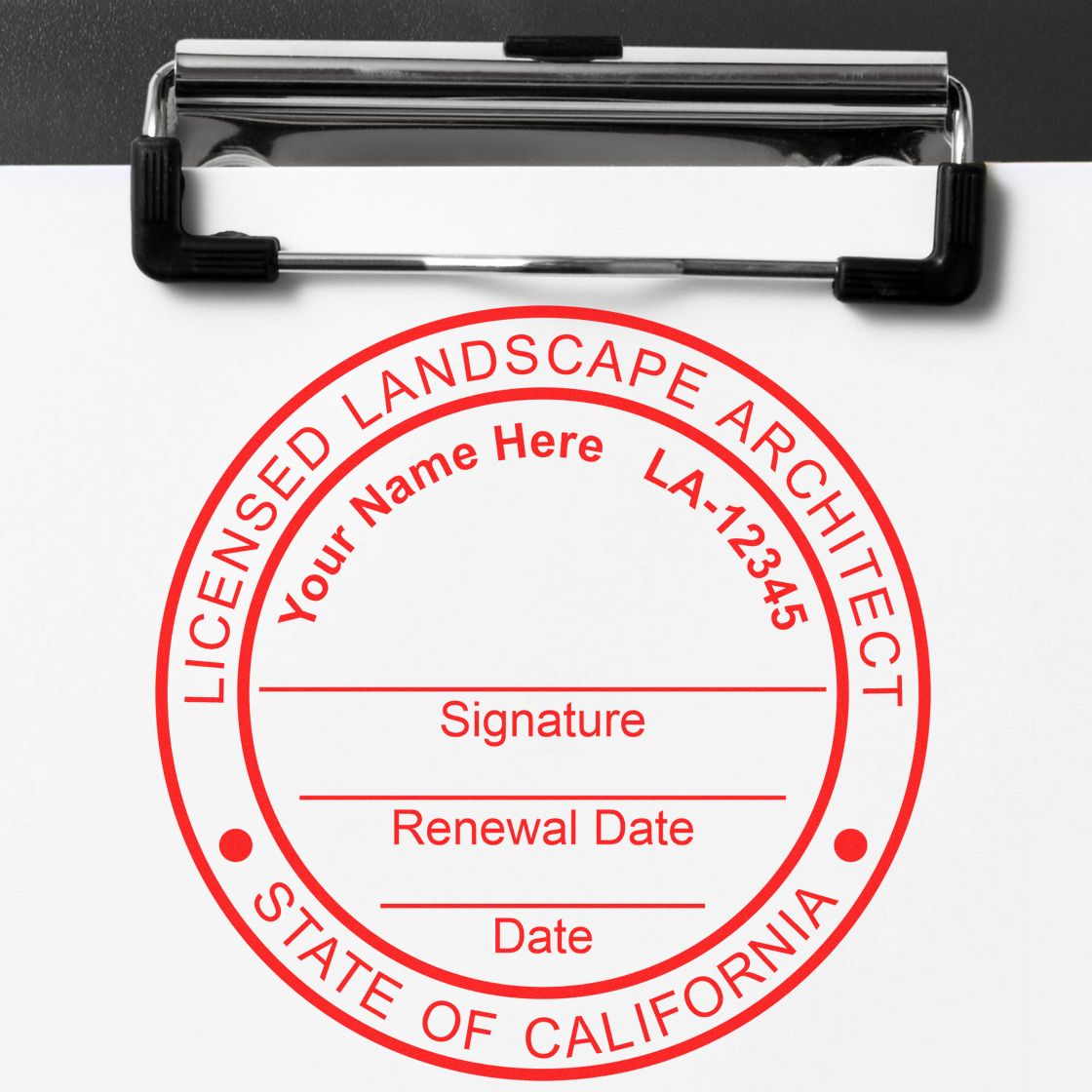 An alternative view of the Premium MaxLight Pre-Inked California Landscape Architectural Stamp stamped on a sheet of paper showing the image in use