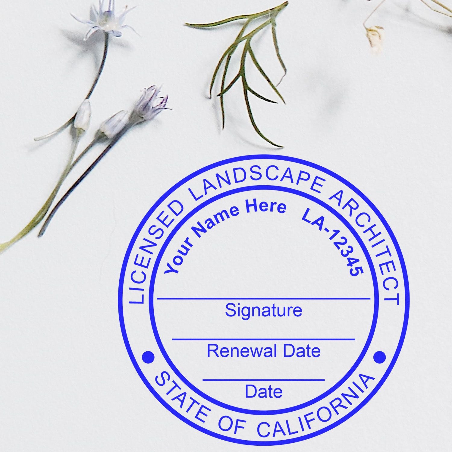 This paper is stamped with a sample imprint of the Self-Inking California Landscape Architect Stamp, signifying its quality and reliability.