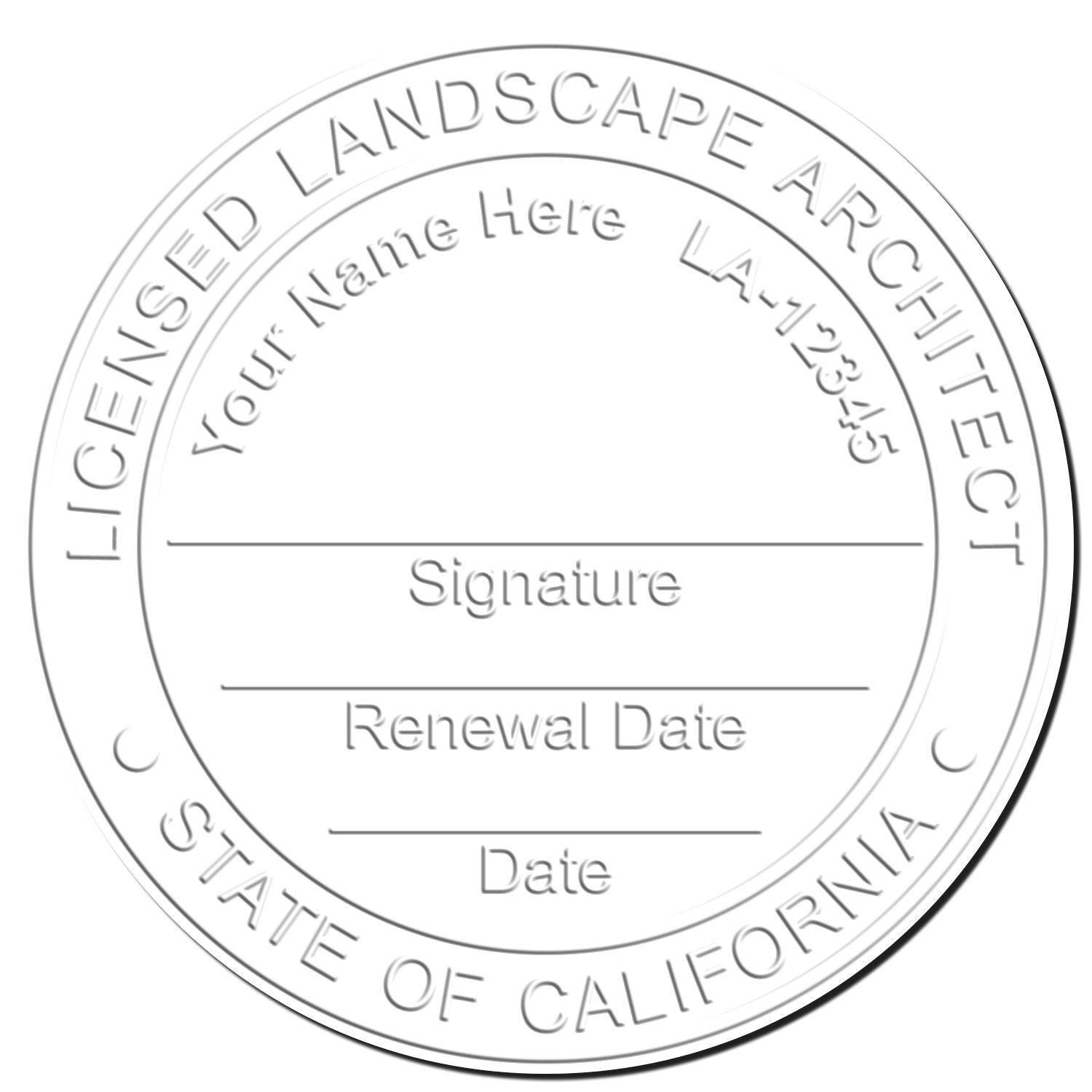 This paper is stamped with a sample imprint of the Soft Pocket California Landscape Architect Embosser, signifying its quality and reliability.