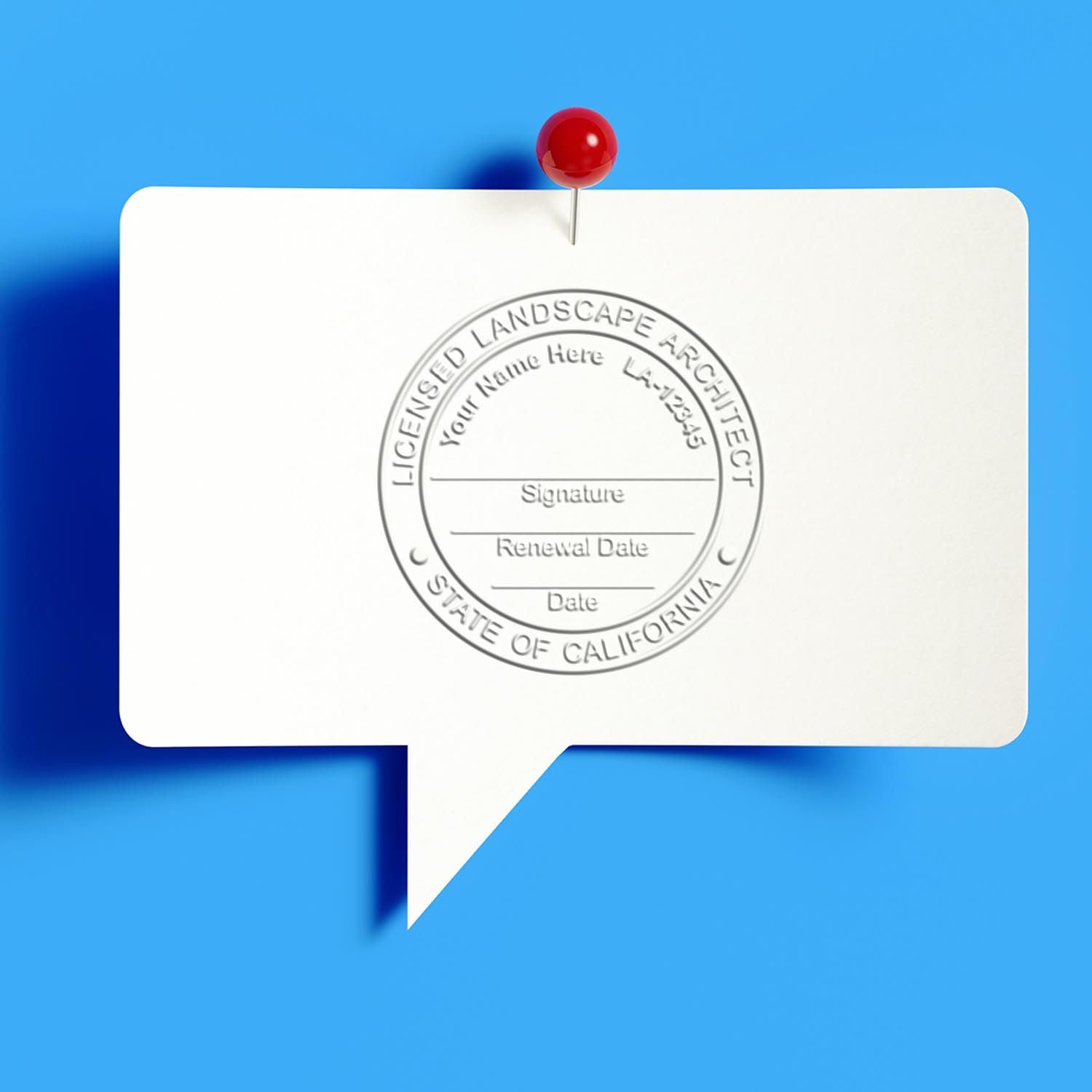 A lifestyle photo showing a stamped image of the State of California Extended Long Reach Landscape Architect Seal Embosser on a piece of paper