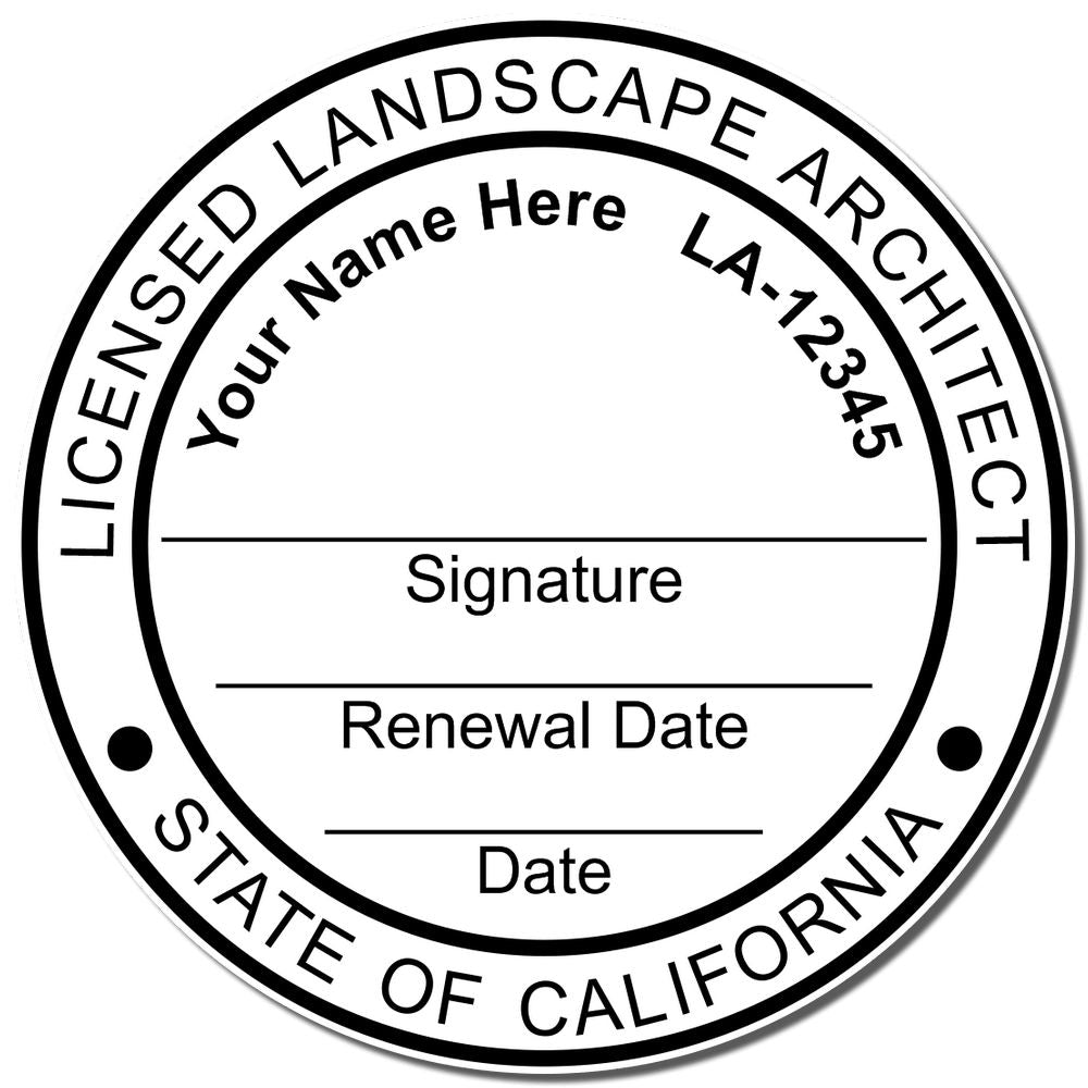 An alternative view of the California Landscape Architectural Seal Stamp stamped on a sheet of paper showing the image in use