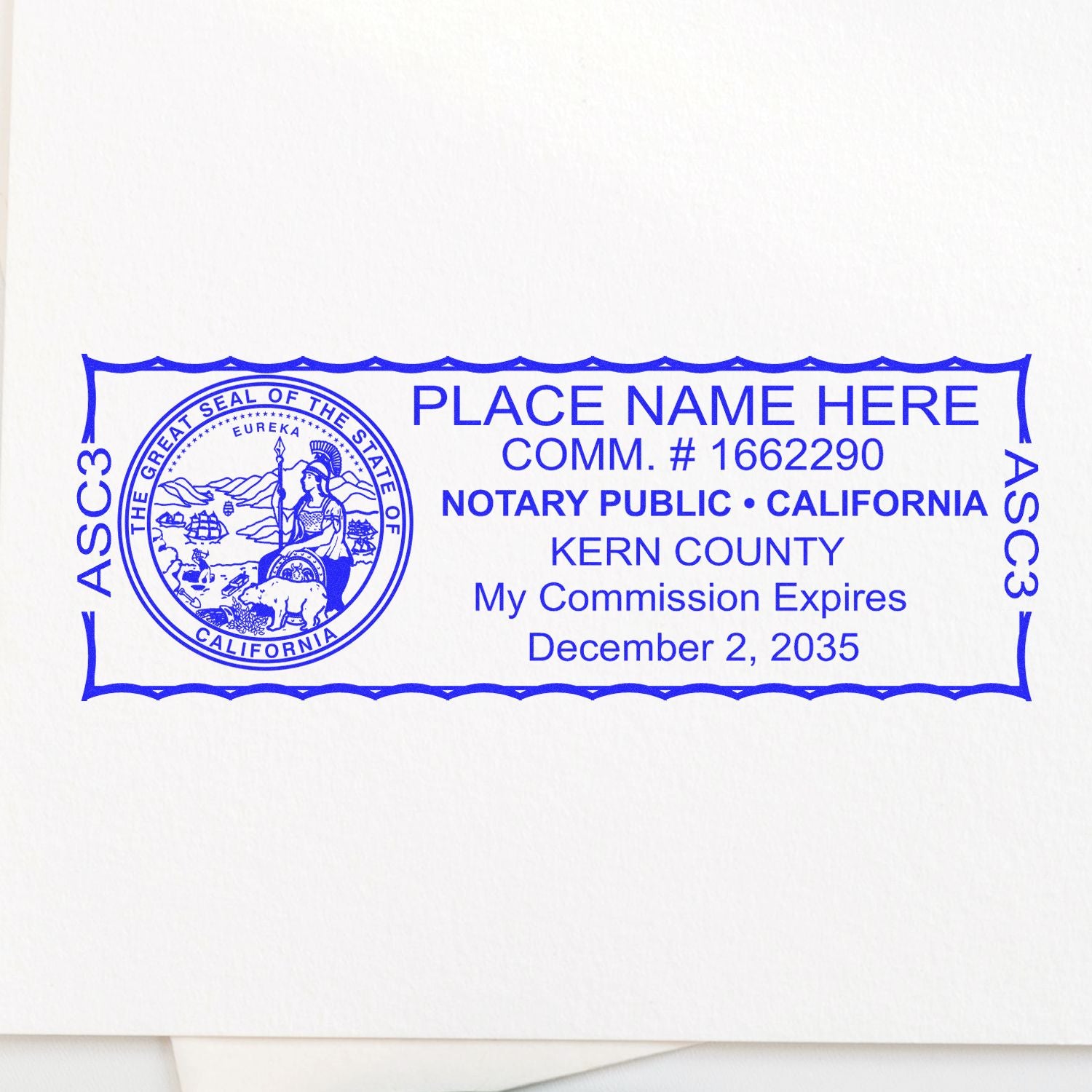 A lifestyle photo showing a stamped image of the Wooden Handle California State Seal Notary Public Stamp on a piece of paper