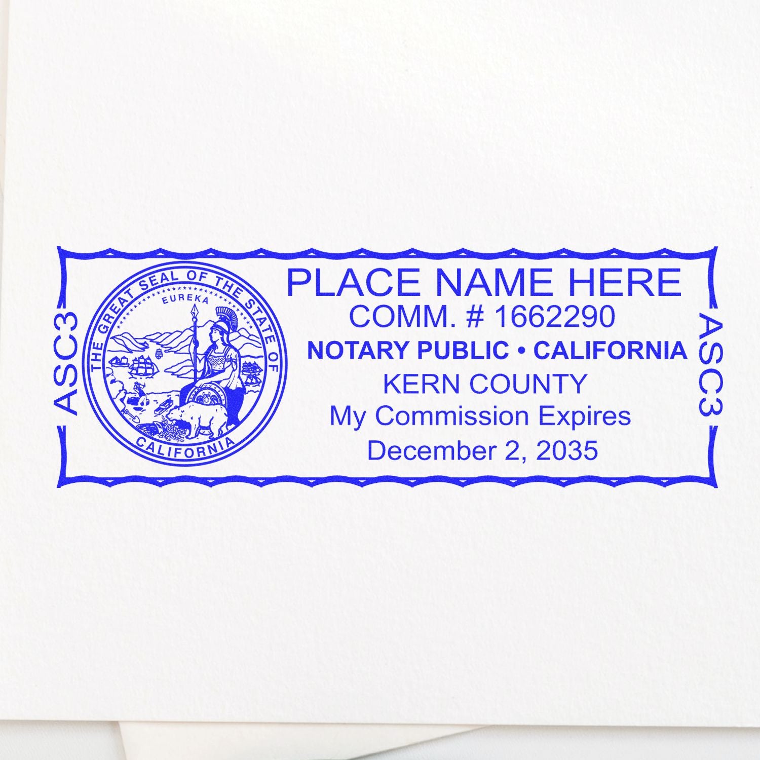 An alternative view of the Super Slim California Notary Public Stamp stamped on a sheet of paper showing the image in use
