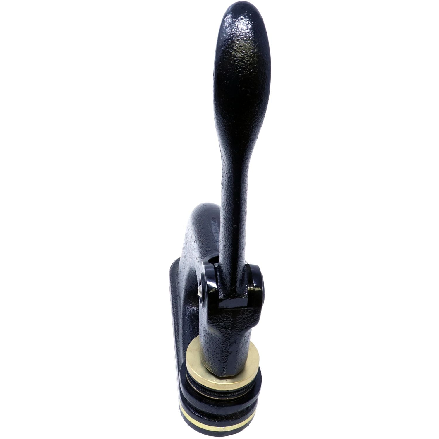 Professional Engineer Cast Iron Desk Seal Embosser in black, shown from a front top view angle, featuring a long handle and a sturdy base with a gold-colored seal.