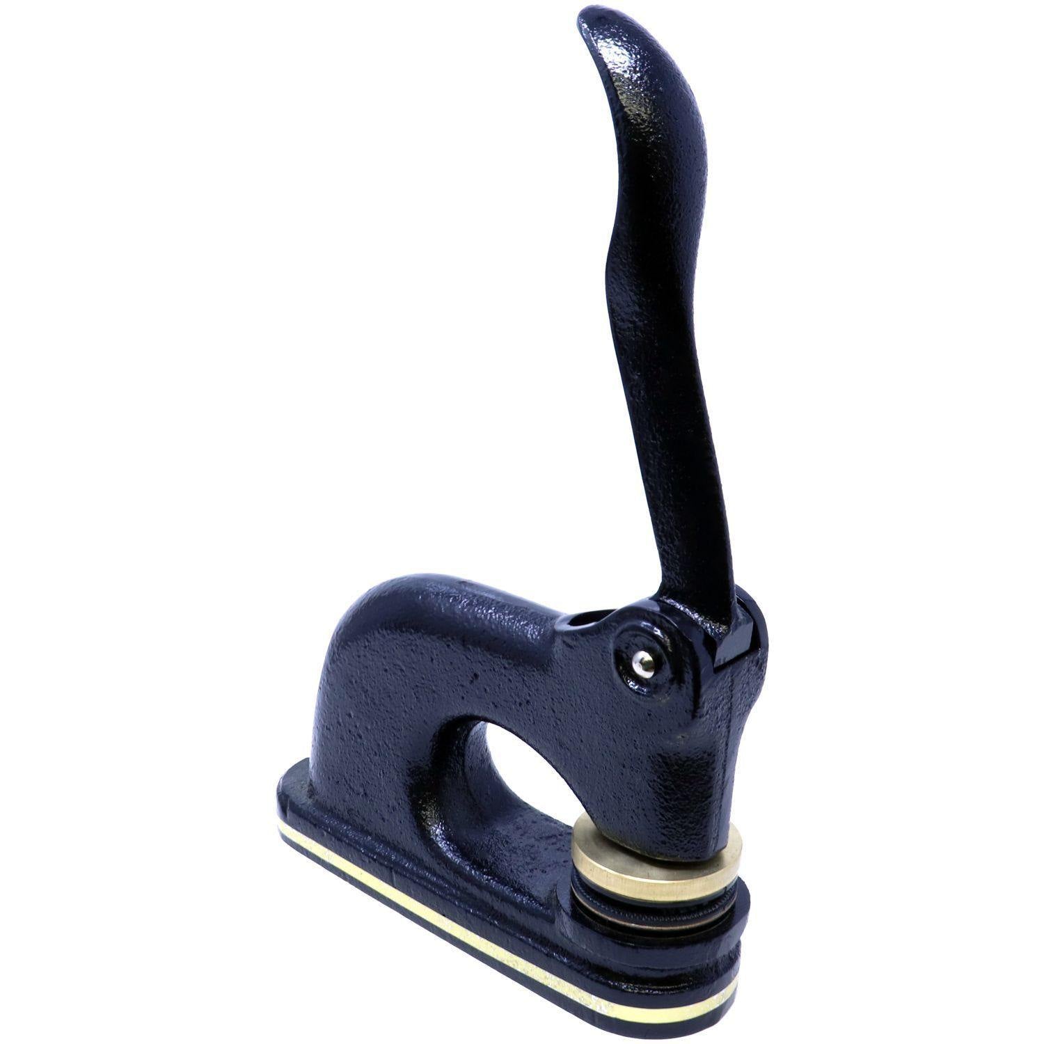 Land Surveyor Cast Iron Desk Seal Embosser in black with a sturdy handle and brass accents, shown from a side-right angle.