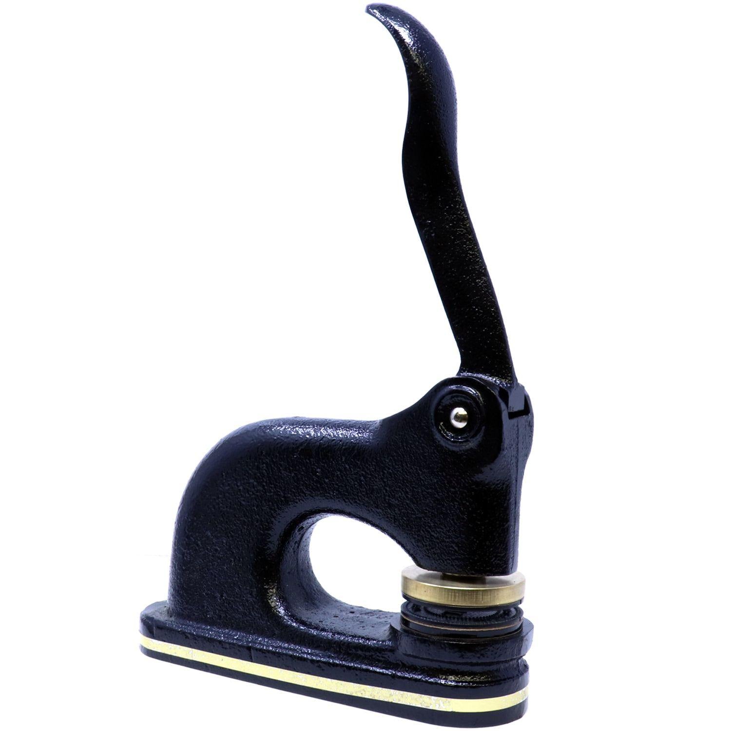 Land Surveyor Cast Iron Desk Seal Embosser in black with a curved handle, side view.