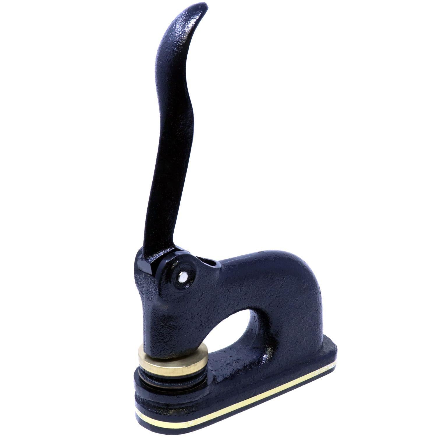 Real Estate Appraiser Cast Iron Desk Seal Embosser in black, side view on an angle, showing the lever and base details.