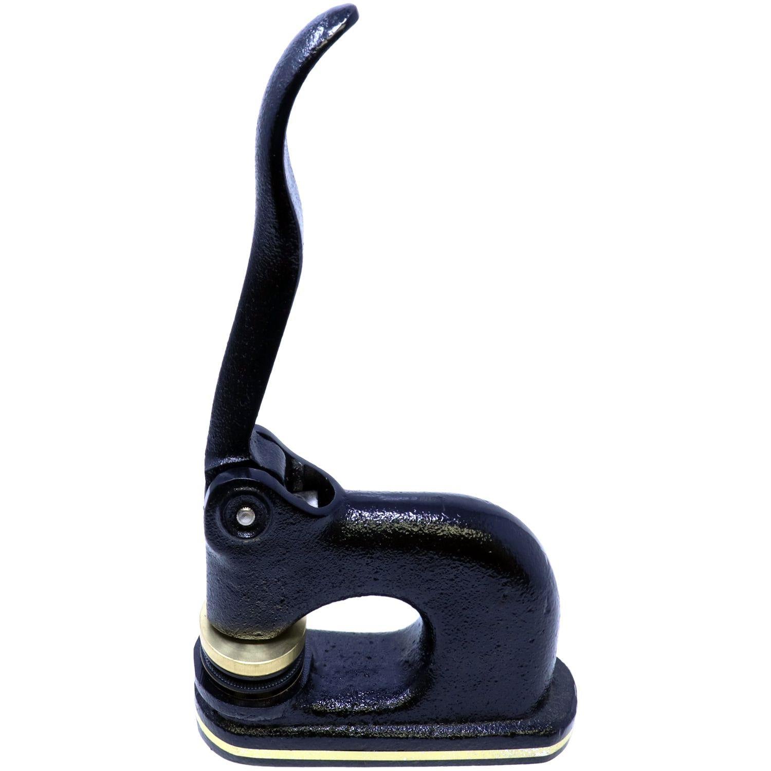 Real Estate Appraiser Cast Iron Desk Seal Embosser in black, side view, with a lever handle and a sturdy base for embossing documents.