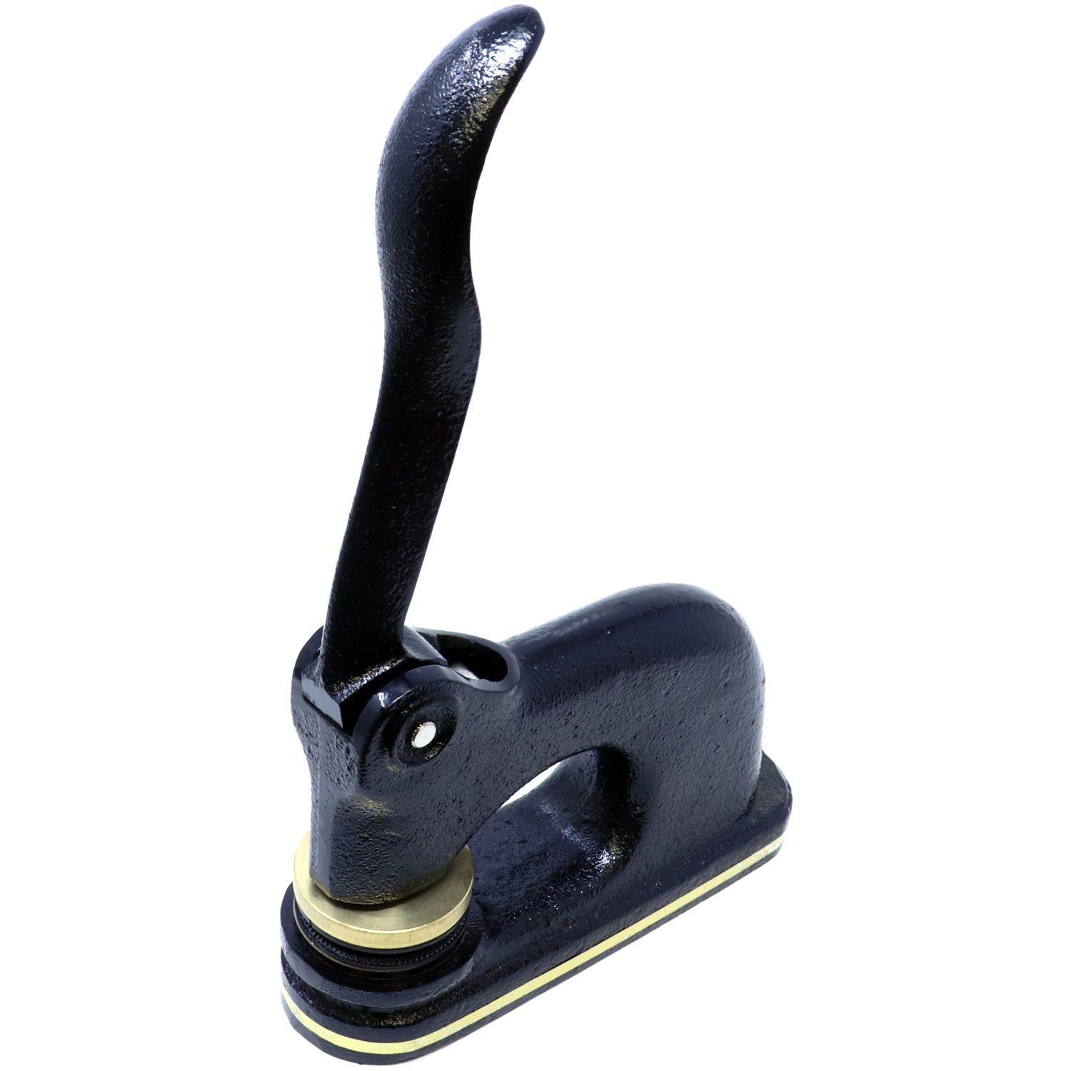 Real Estate Appraiser Cast Iron Desk Seal Embosser with a black handle and base, shown from a top view angle on a white background.