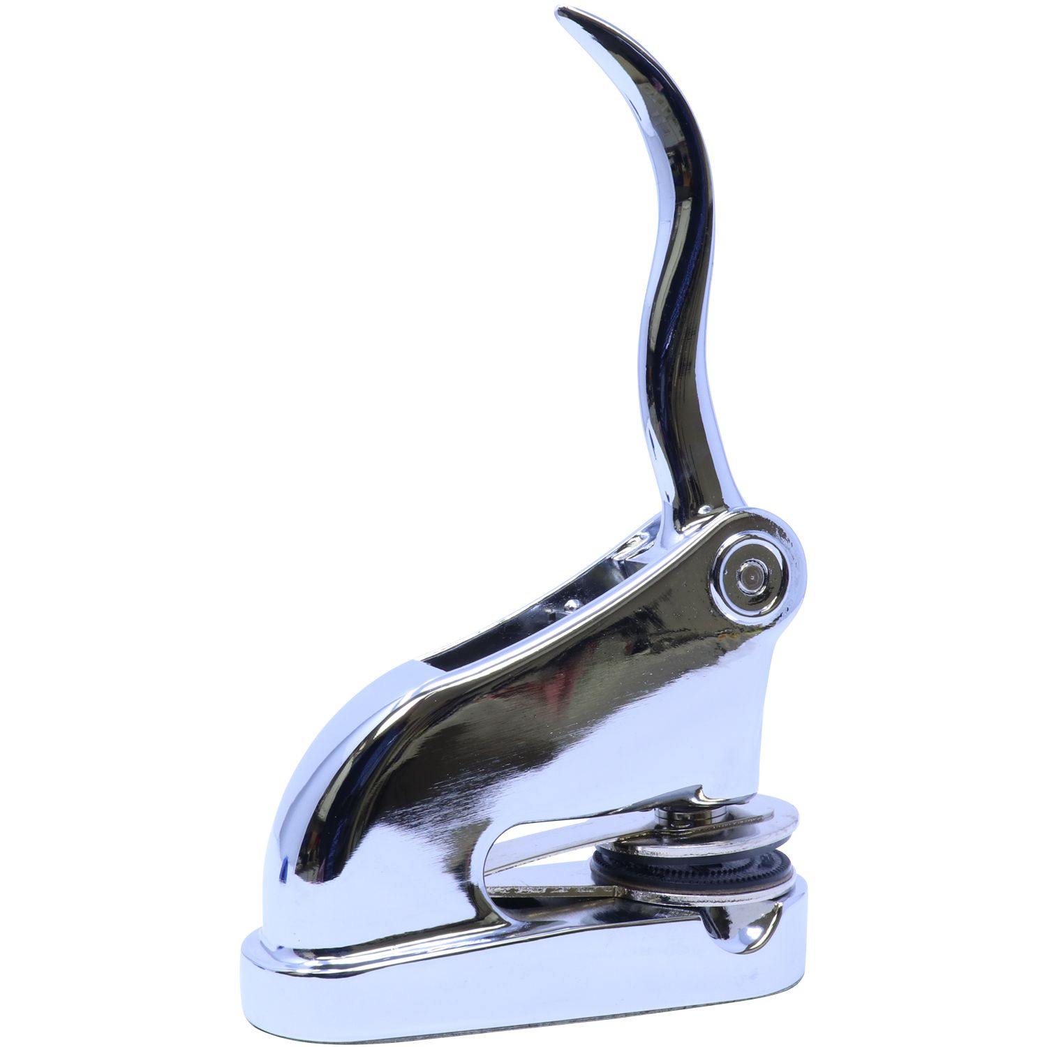 Shiny Land Surveyor Chrome Gift Seal Embosser with a sleek, curved handle and a sturdy base, designed for professional embossing tasks.