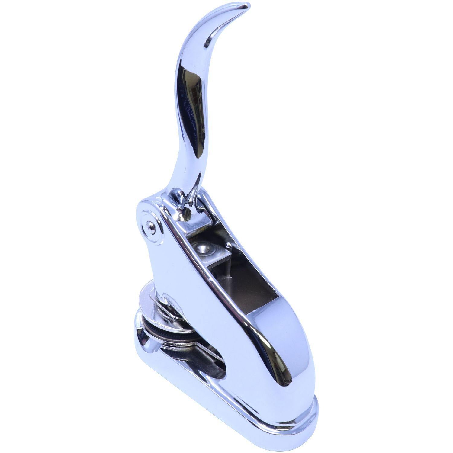 Land Surveyor Chrome Gift Seal Embosser with a sleek, polished finish, angled back view, showcasing its ergonomic handle and sturdy design.