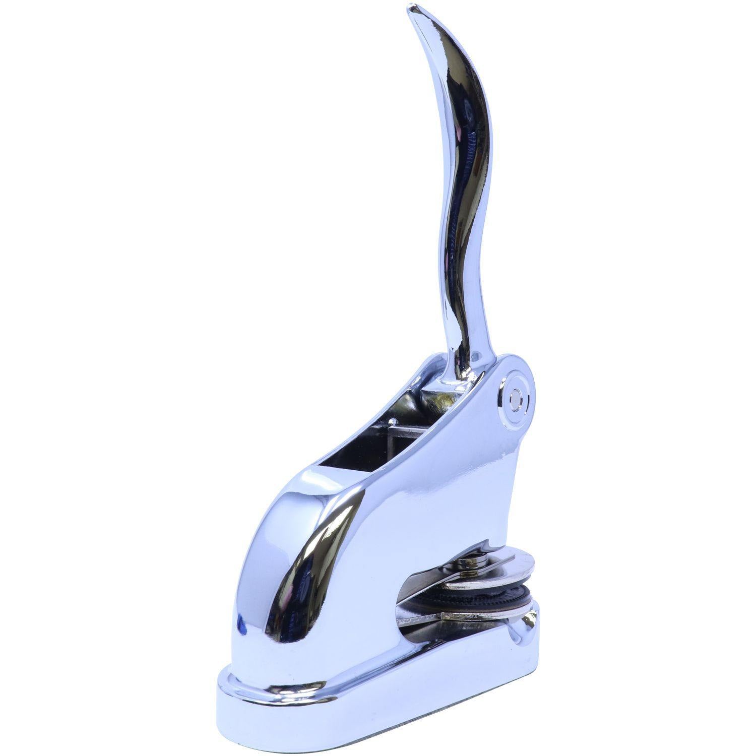 Land Surveyor Chrome Gift Seal Embosser with a sleek, polished finish, angled view showing the lever and embossing mechanism.