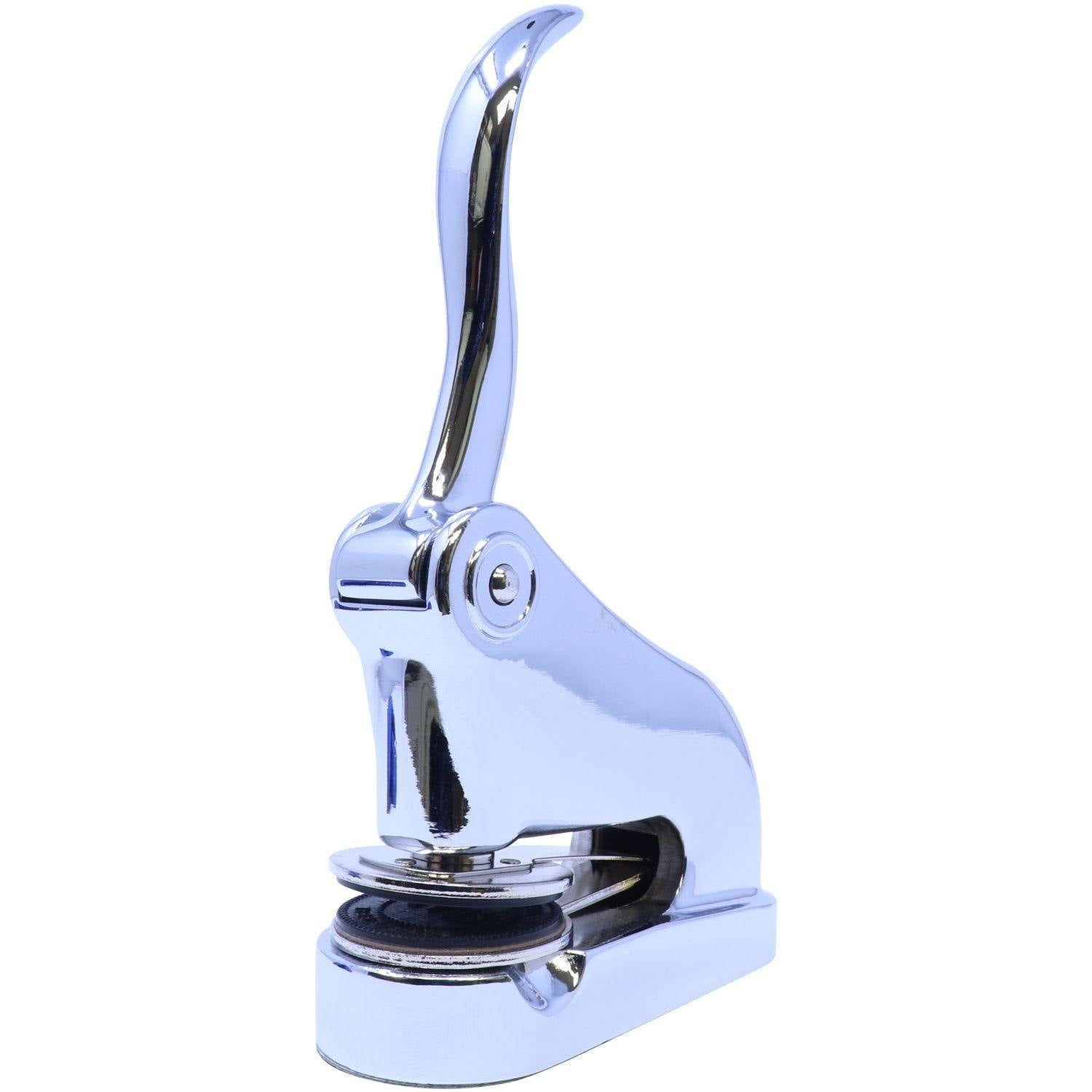 Shiny, chrome-finished Real Estate Appraiser Chrome Gift Seal Embosser with a sleek, ergonomic handle and a sturdy base for imprinting seals.