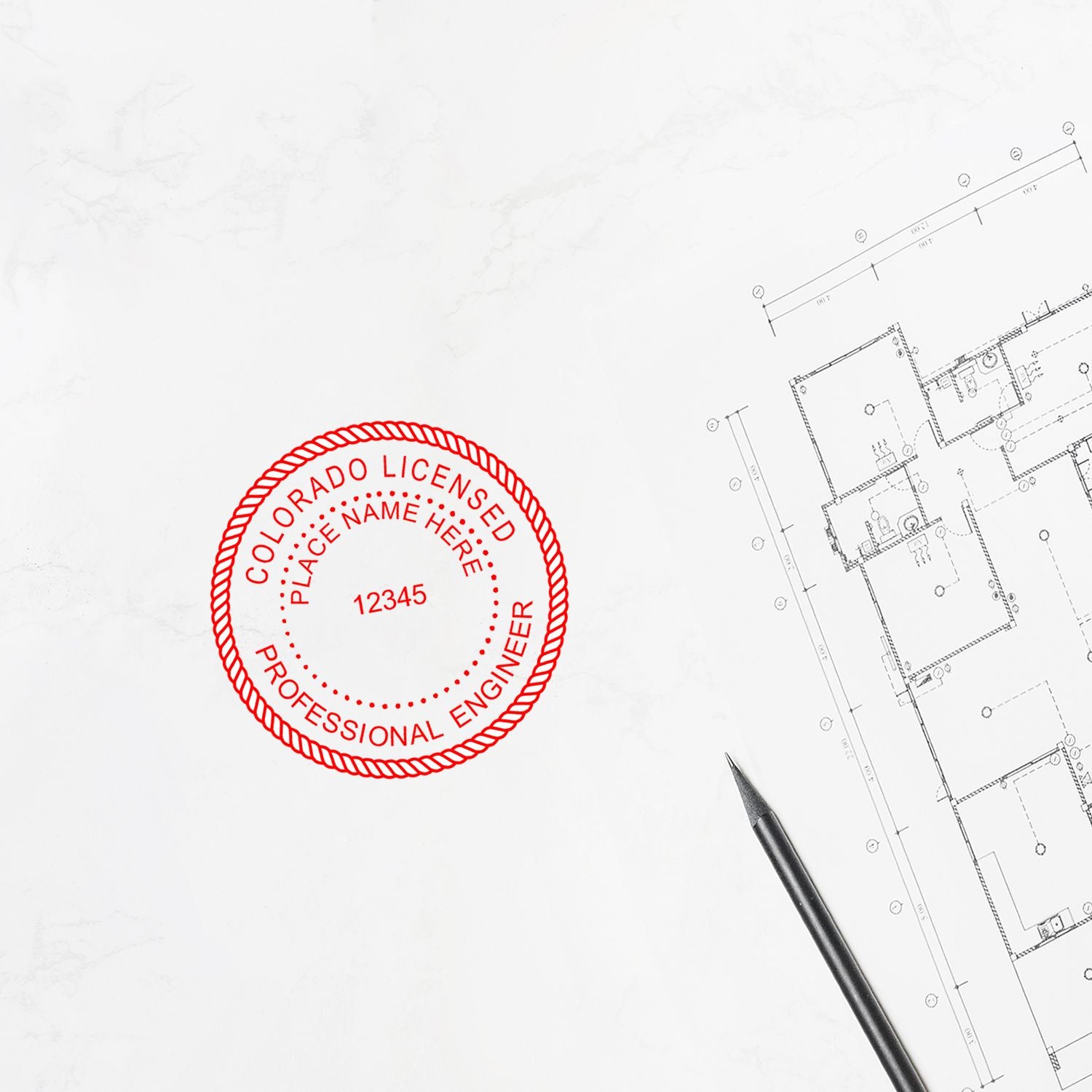 An alternative view of the Digital Colorado PE Stamp and Electronic Seal for Colorado Engineer stamped on a sheet of paper showing the image in use