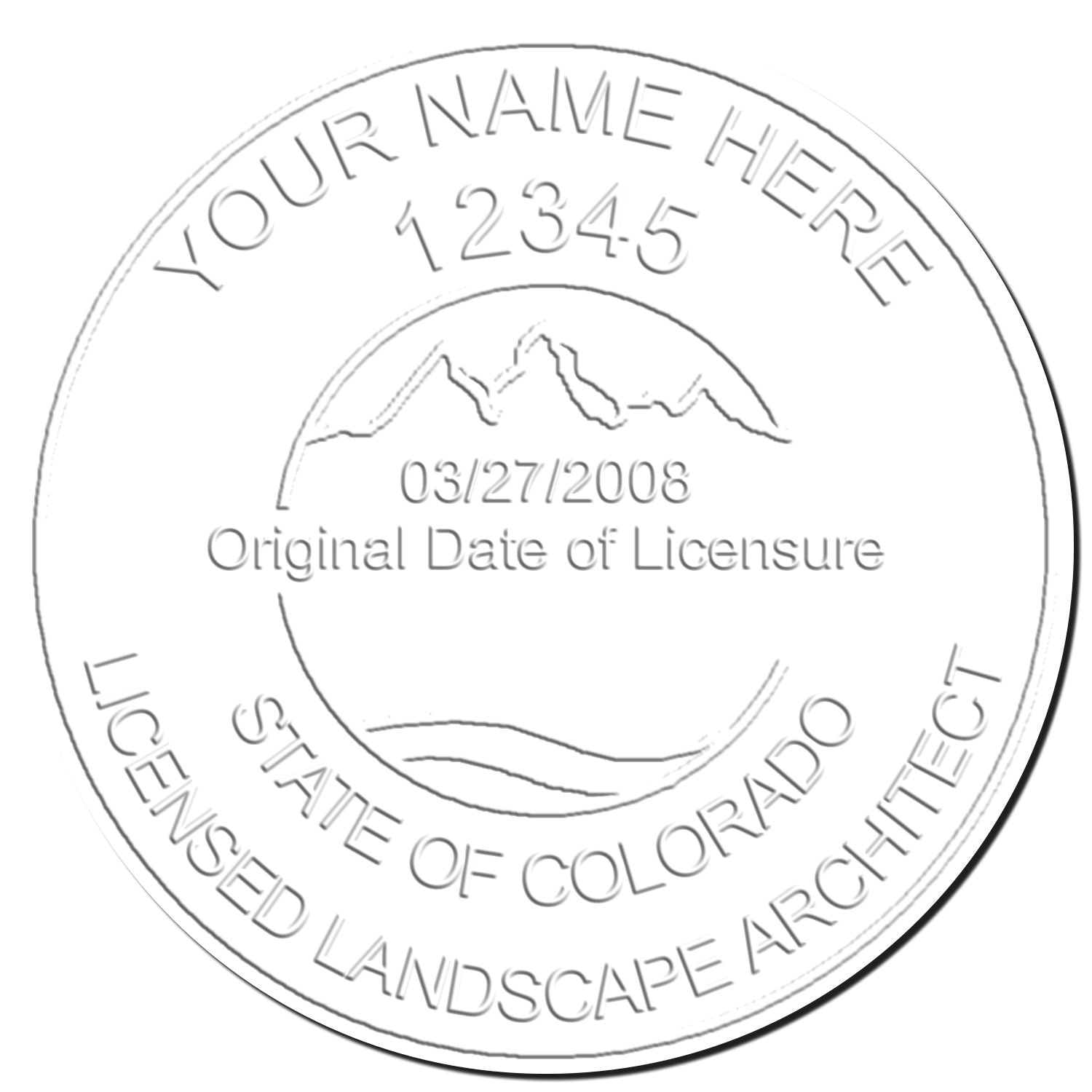 This paper is stamped with a sample imprint of the Colorado Long Reach Landscape Architect Embossing Stamp, signifying its quality and reliability.