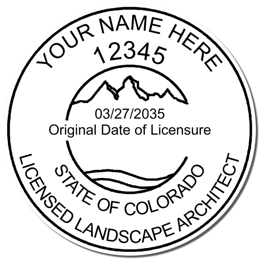 The Self-Inking Colorado Landscape Architect Stamp stamp impression comes to life with a crisp, detailed photo on paper - showcasing true professional quality.