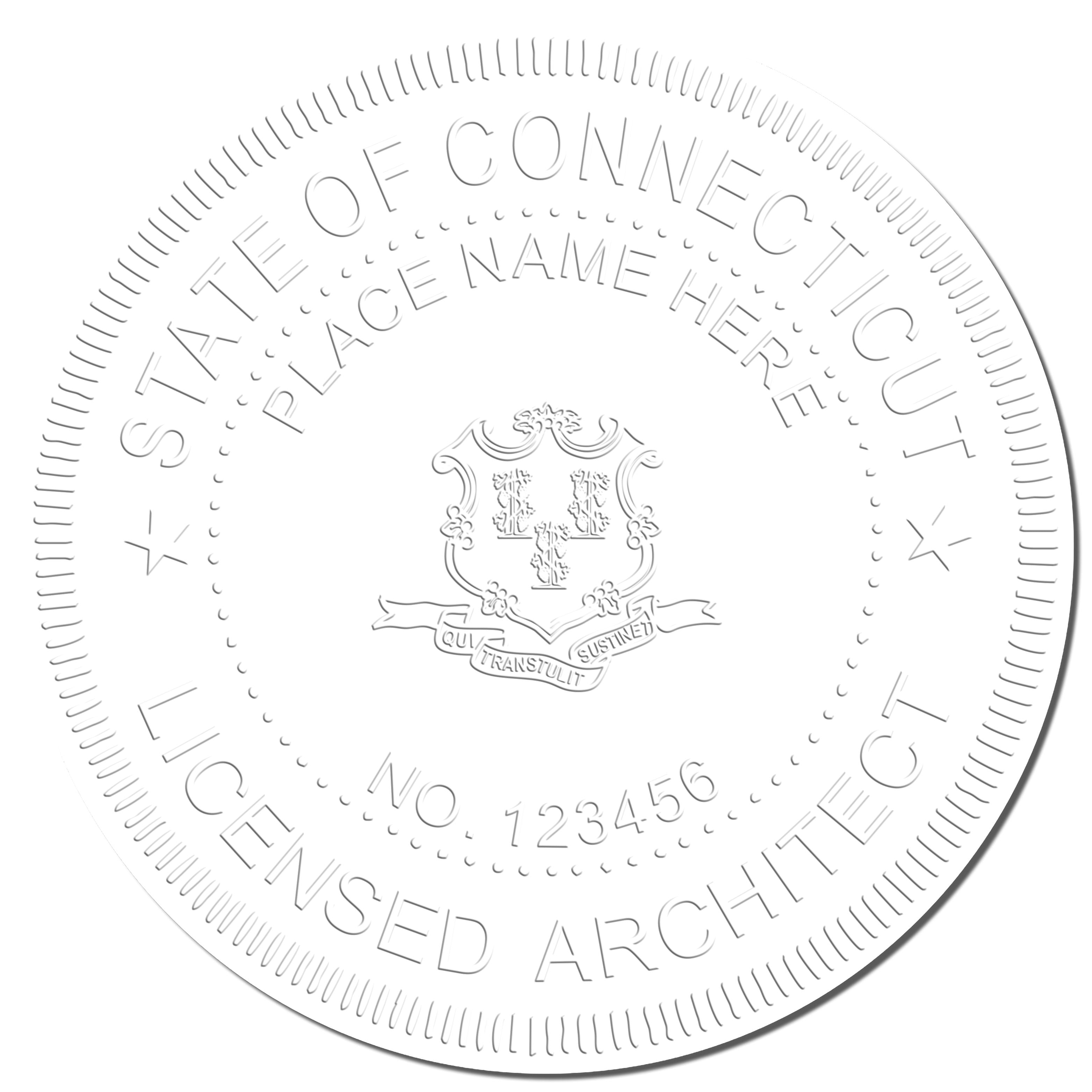 This paper is stamped with a sample imprint of the Heavy Duty Cast Iron Connecticut Architect Embosser, signifying its quality and reliability.