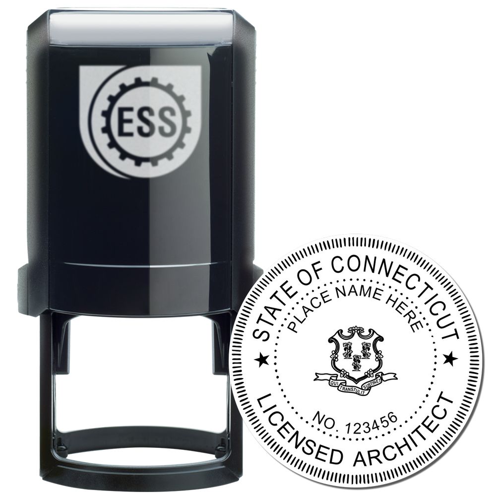 Self Inking Connecticut Architect Stamp with a black casing and a round imprint displaying State of Connecticut Licensed Architect.