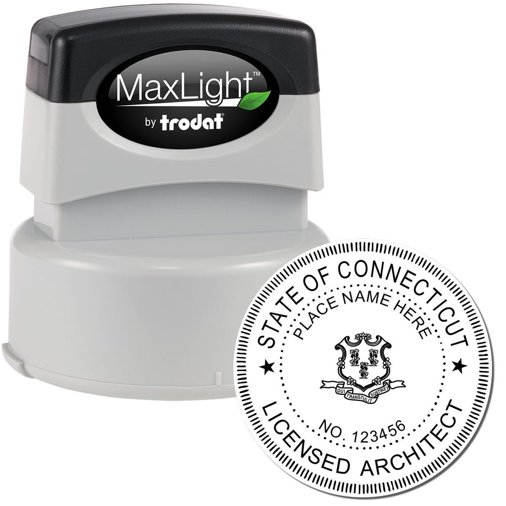 Premium MaxLight Pre-Inked Connecticut Architectural Stamp with a round imprint showing "State of Connecticut Licensed Architect" and customizable details.