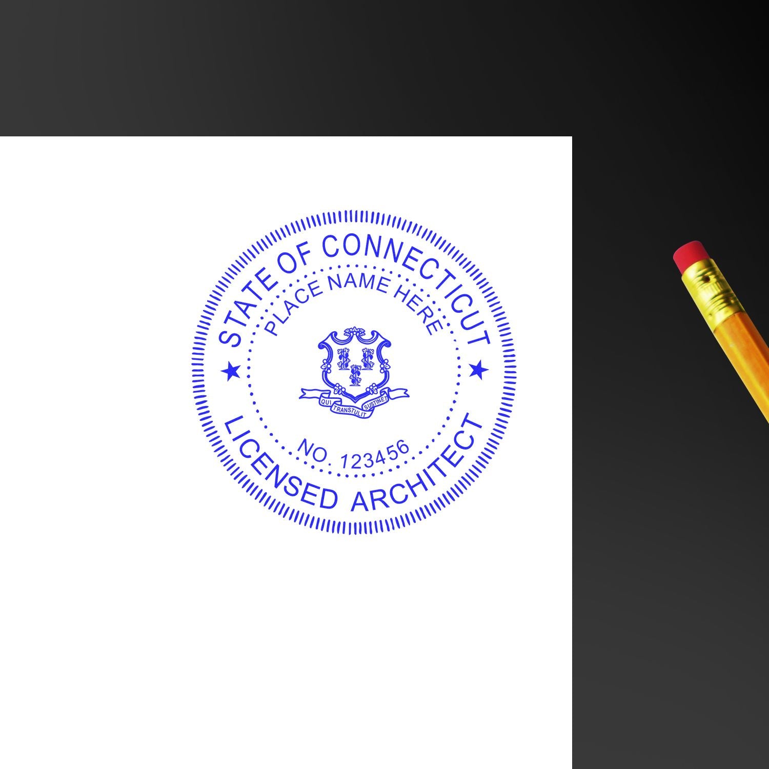 Connecticut Architect Seal Stamp in blue ink on white paper, next to a pencil with a red eraser.