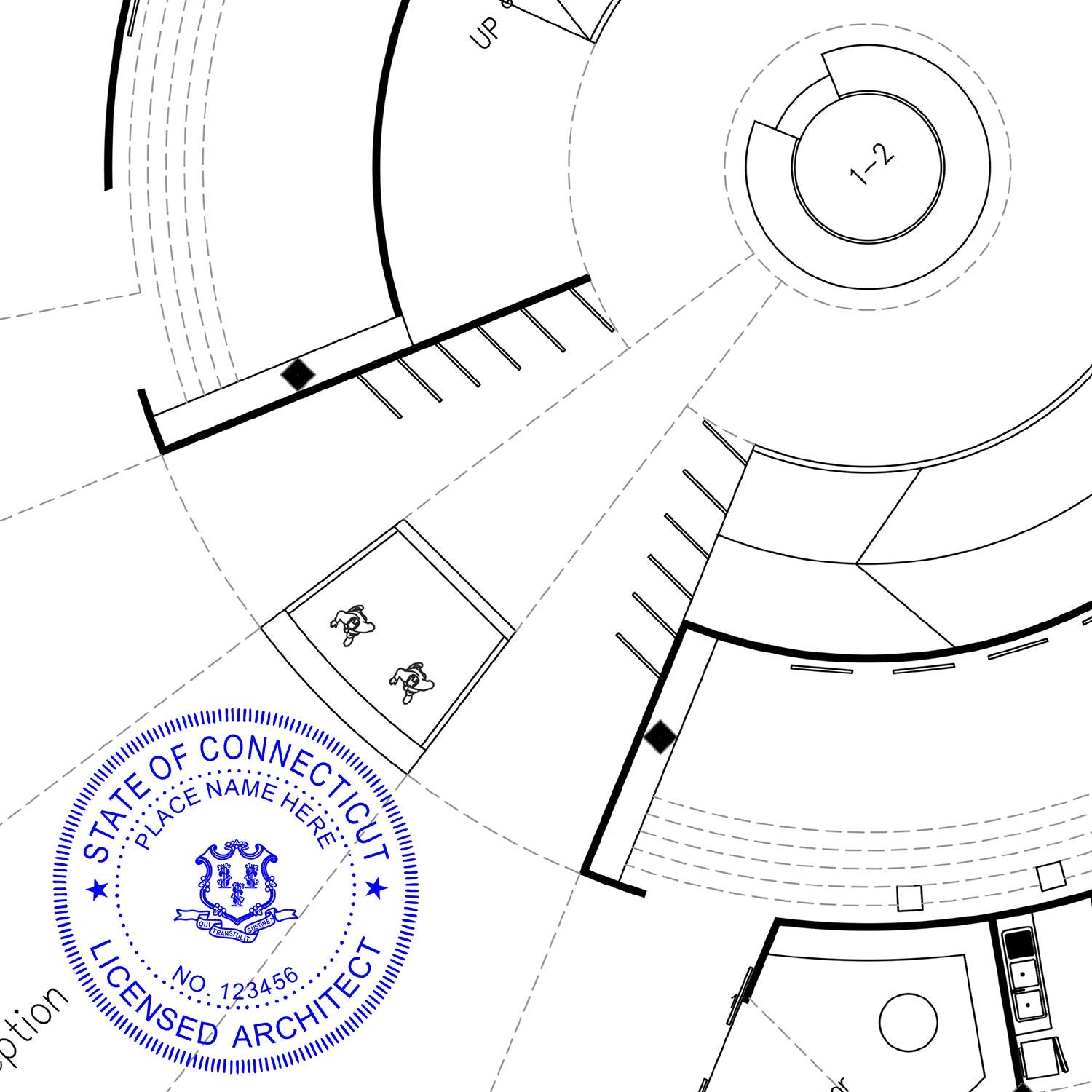 Blueprint with a Connecticut Architect Seal Stamp in blue ink, indicating state certification for architectural plans.