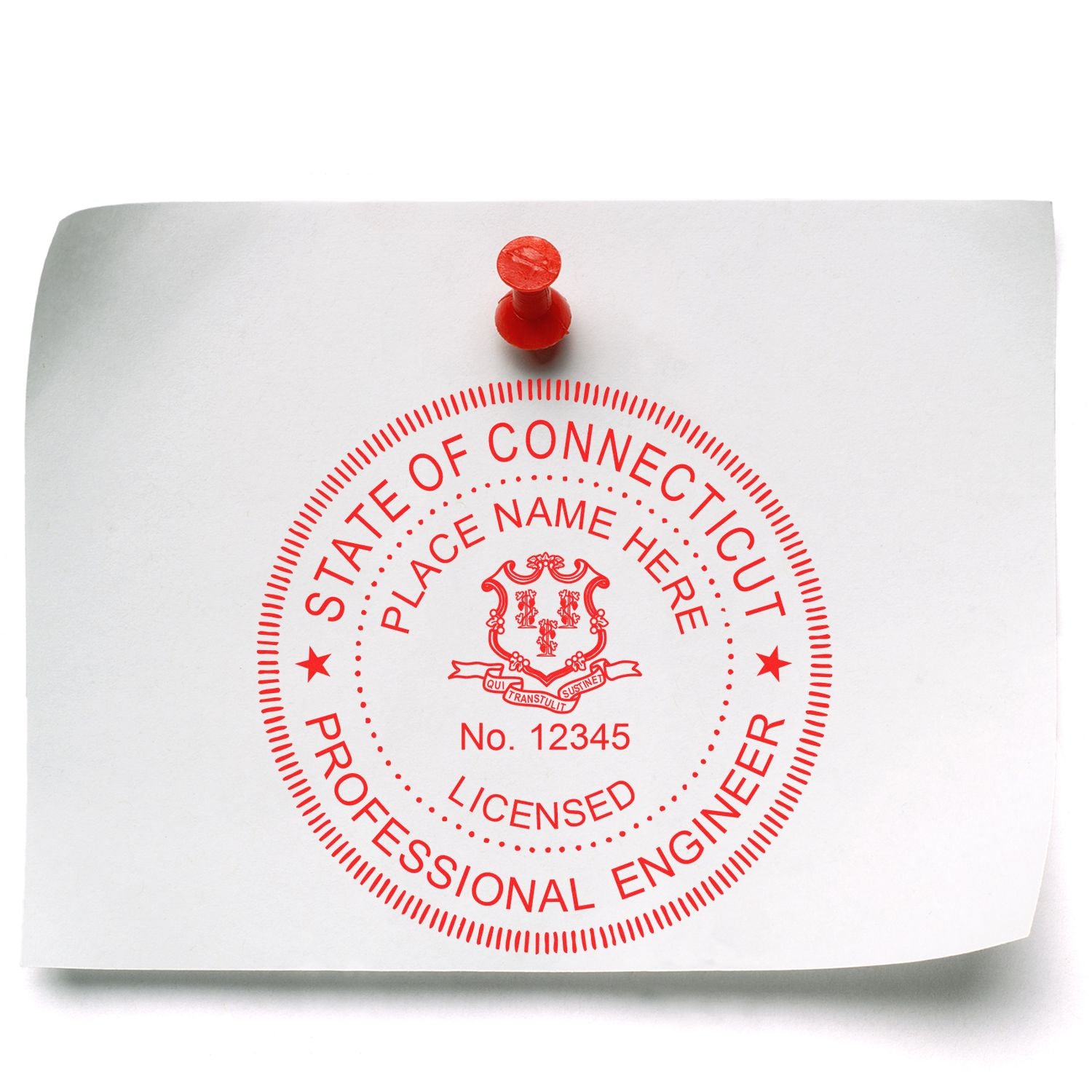 A lifestyle photo showing a stamped image of the Connecticut Professional Engineer Seal Stamp on a piece of paper