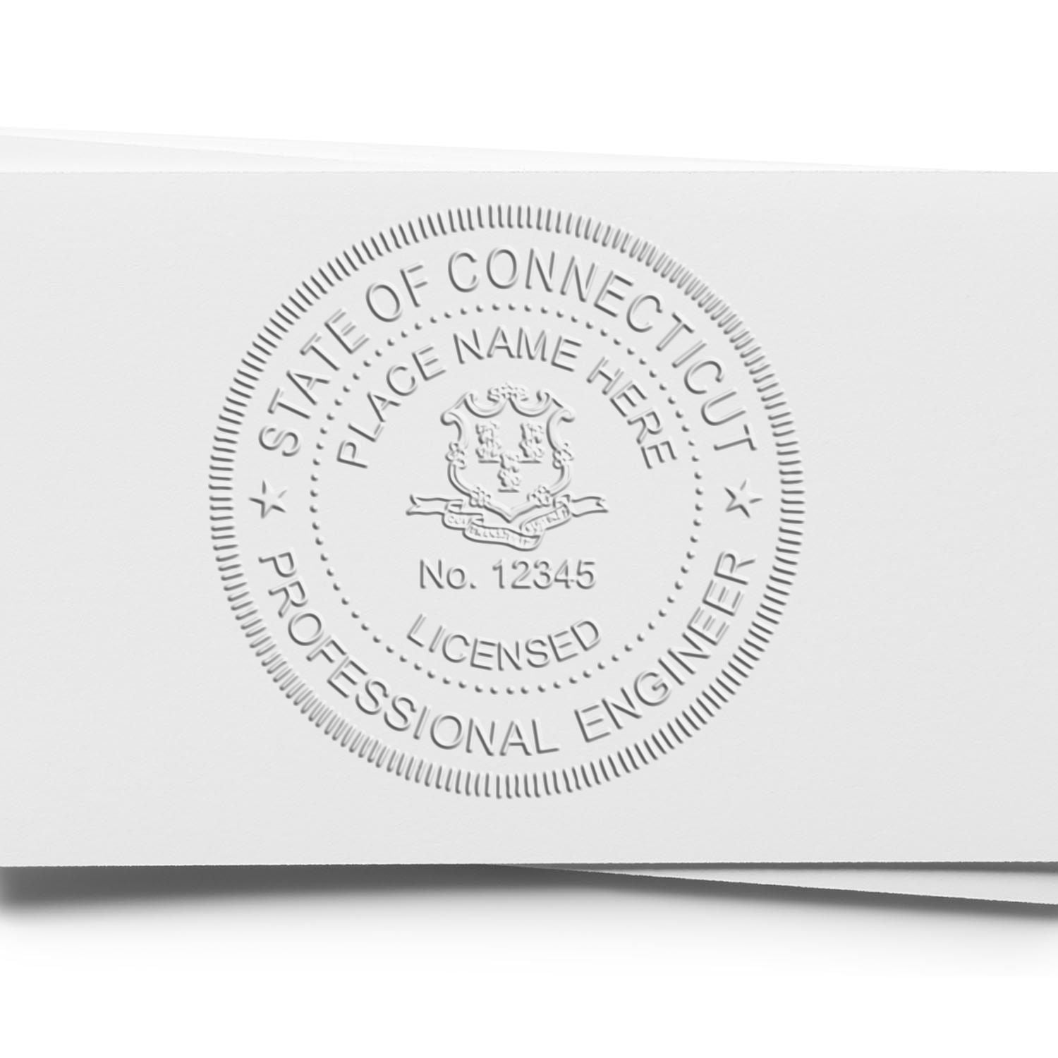 The State of Connecticut Extended Long Reach Engineer Seal stamp impression comes to life with a crisp, detailed photo on paper - showcasing true professional quality.