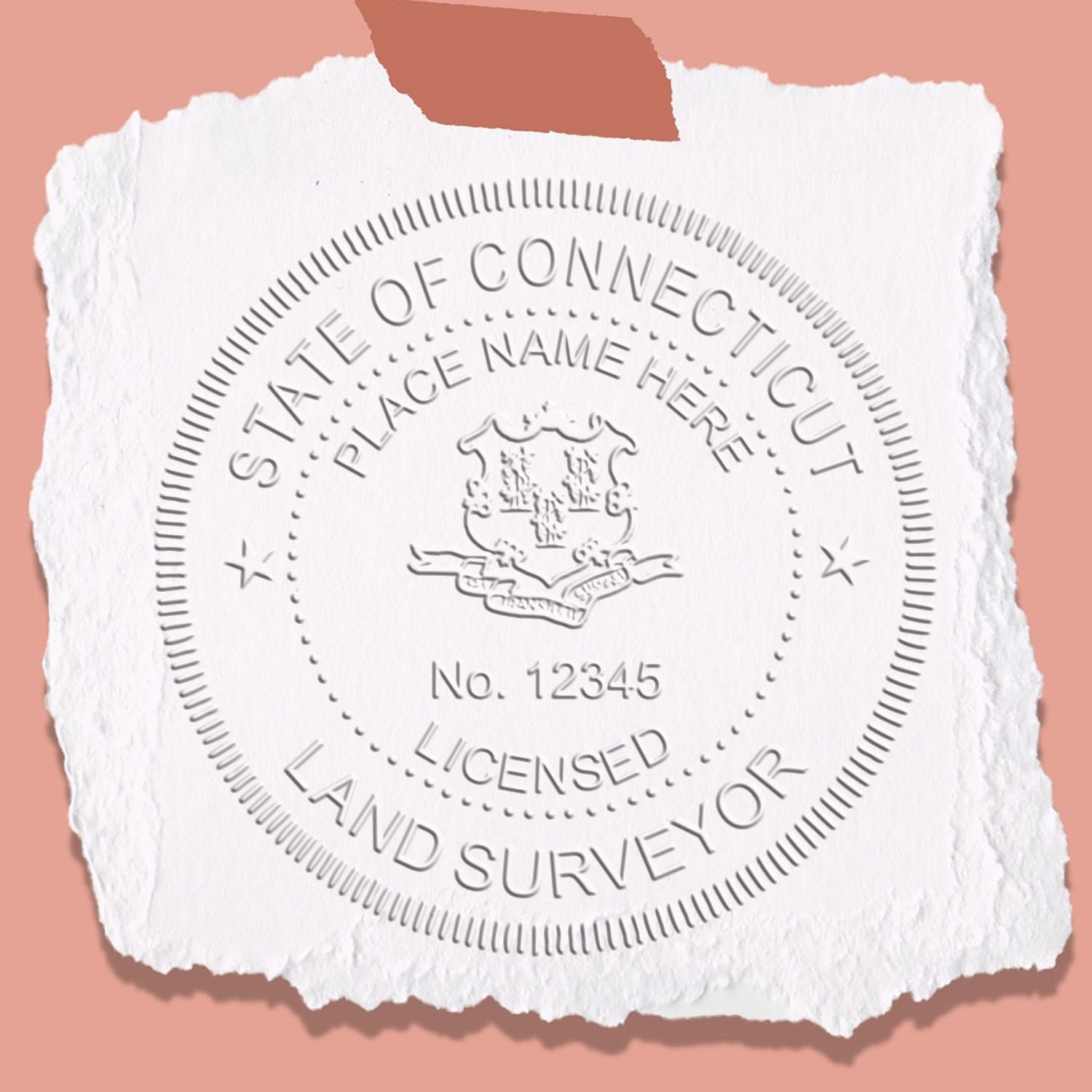 Another Example of a stamped impression of the Heavy Duty Cast Iron Connecticut Land Surveyor Seal Embosser on a piece of office paper.