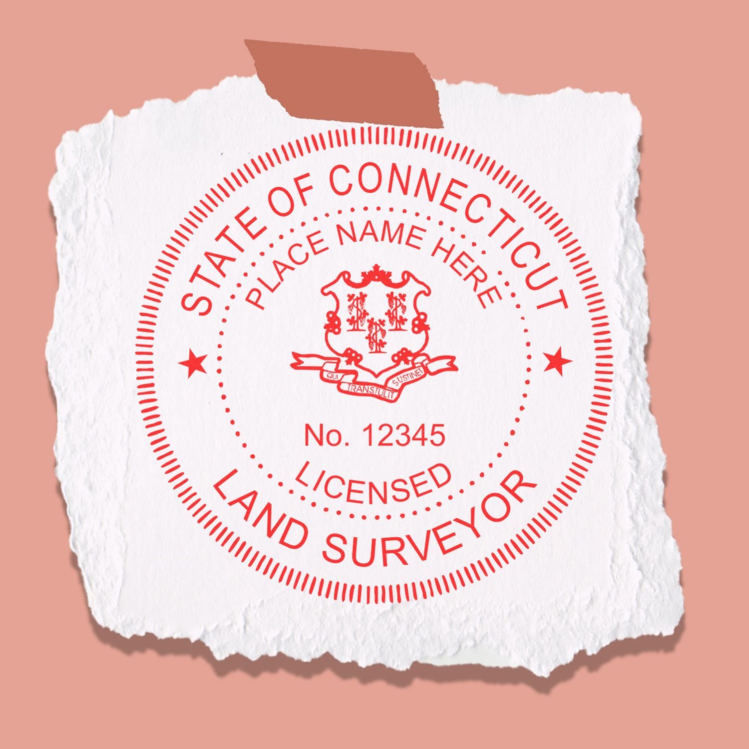 Slim Pre-Inked Connecticut Land Surveyor Seal Stamp in use photo showing a stamped imprint of the Slim Pre-Inked Connecticut Land Surveyor Seal Stamp