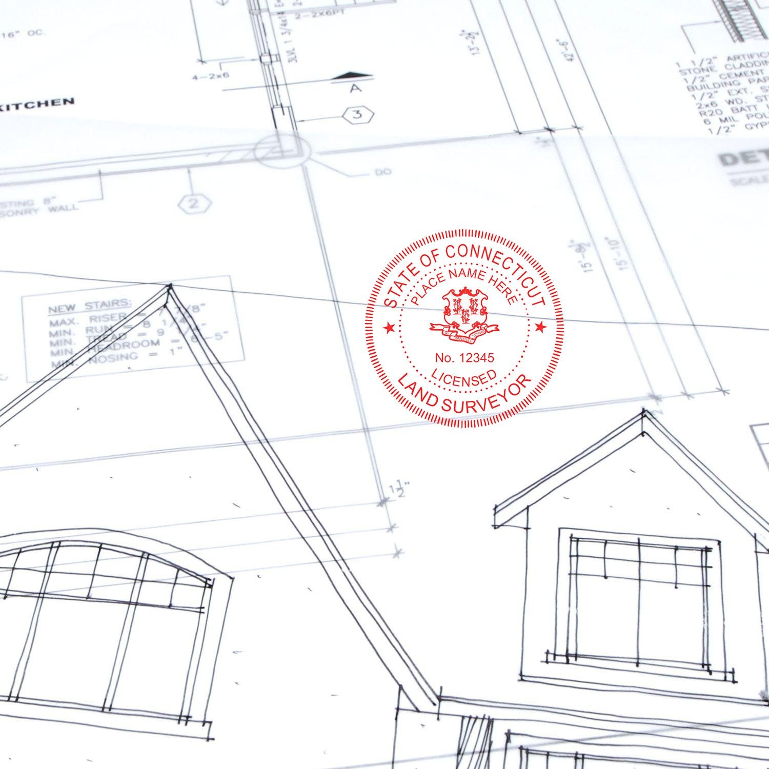 Premium MaxLight Pre-Inked Connecticut Surveyors Stamp on architectural blueprint with detailed house drawings.