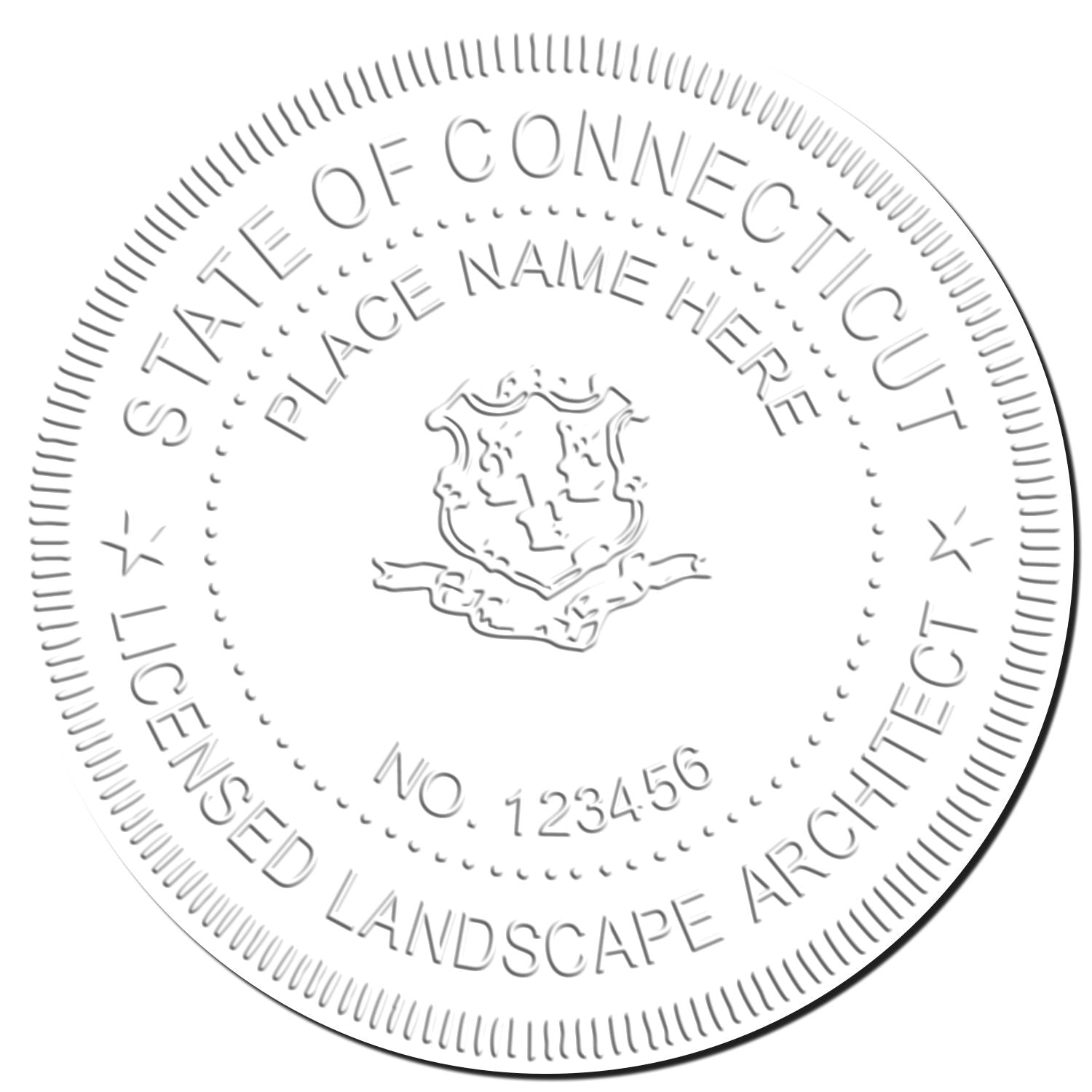 This paper is stamped with a sample imprint of the Heavy Duty Connecticut Landscape Architect Cast Iron Embosser, signifying its quality and reliability.