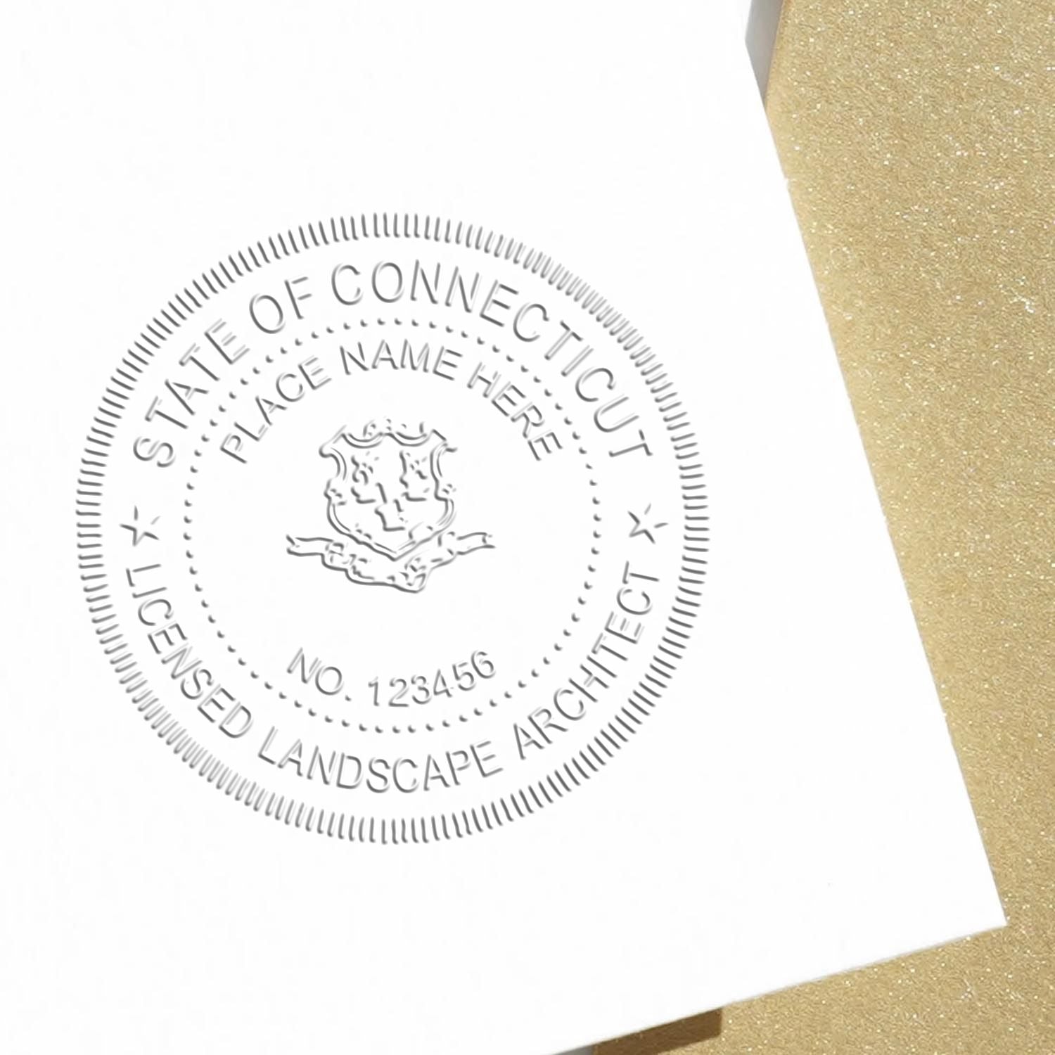 A stamped impression of the Connecticut Desk Landscape Architectural Seal Embosser in this stylish lifestyle photo, setting the tone for a unique and personalized product.