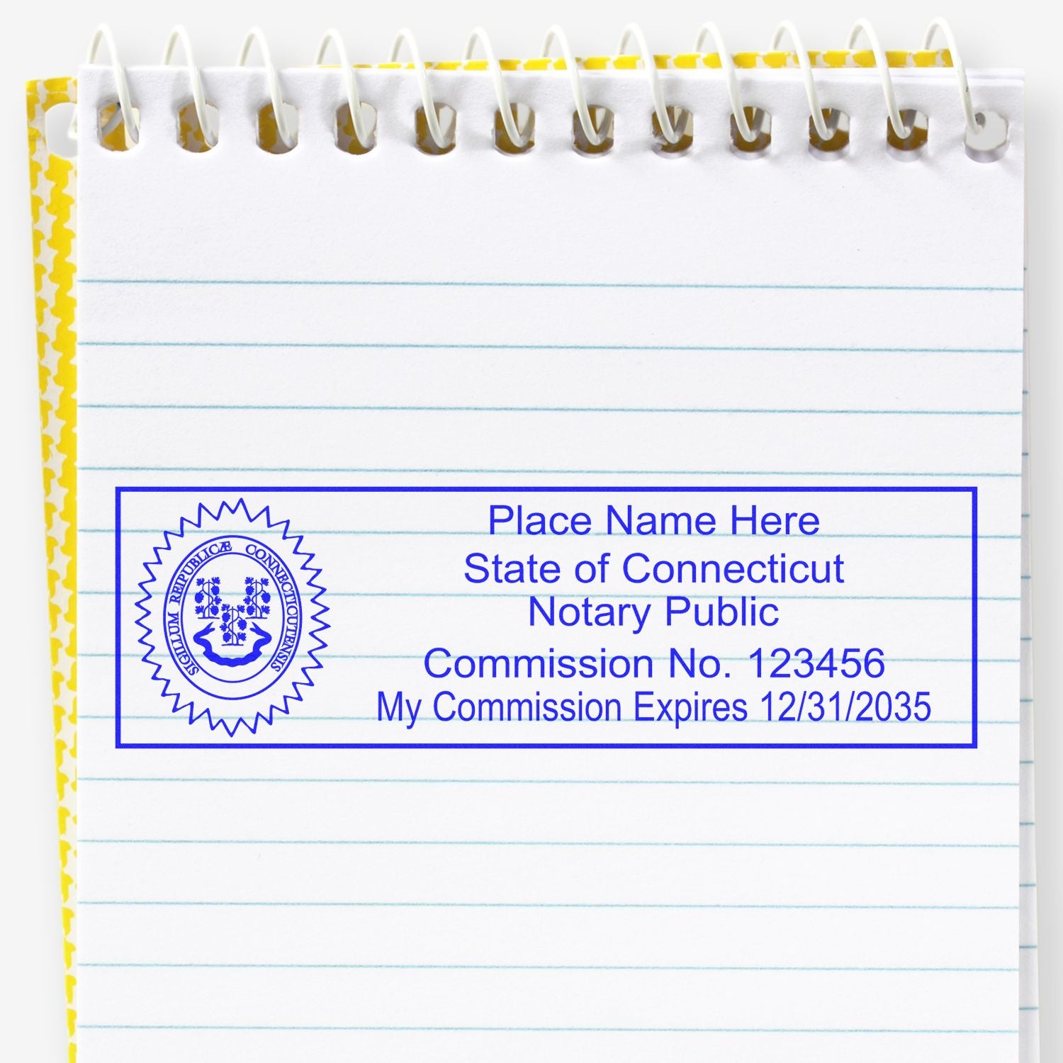 Slim Pre-Inked State Seal Notary Stamp for Connecticut in use photo showing a stamped imprint of the Slim Pre-Inked State Seal Notary Stamp for Connecticut