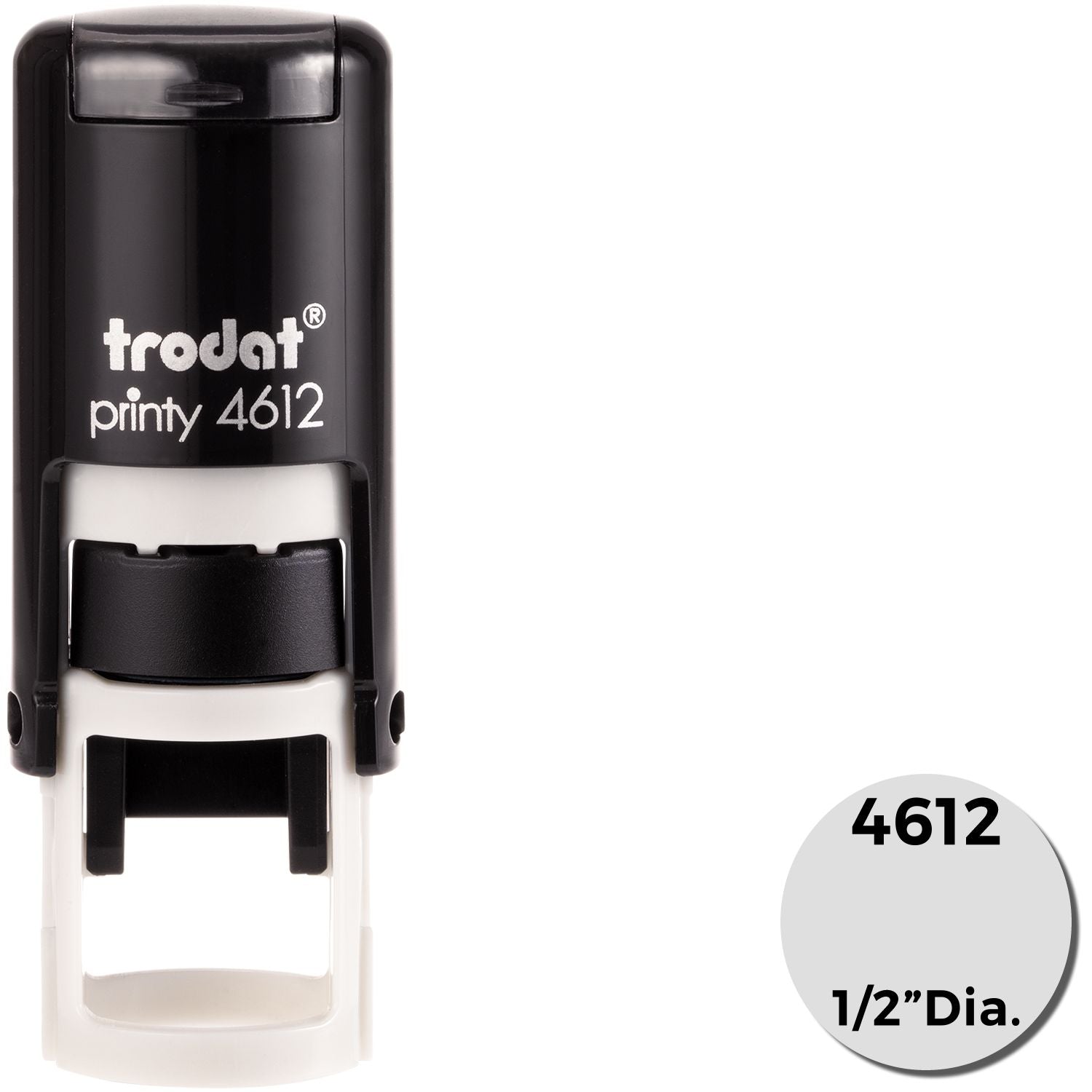 Custom Self Inking Stamp Trodat 4612, 1/2 diameter, black and white design, shown with the stamp mechanism extended.