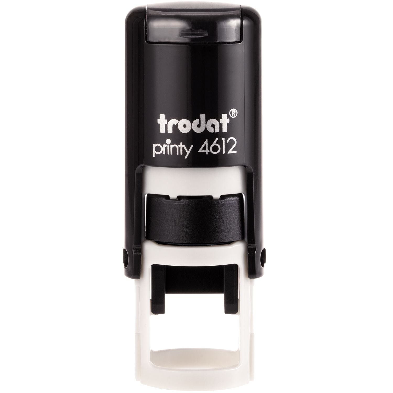 Custom Self Inking Stamp Trodat 4612 Size 1/2 Diameter, black and white, with trodat printy 4612 text on the front.