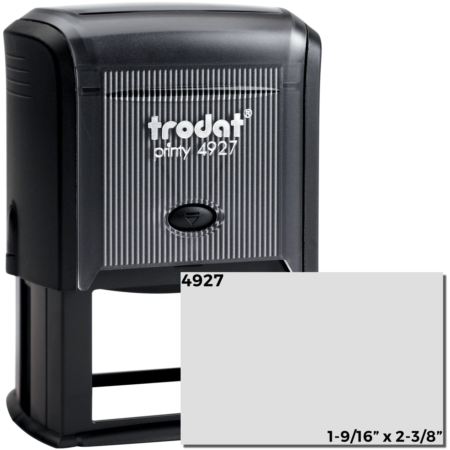 Black Custom Self Inking Stamp Trodat 4927, size 1-9/16 x 2-3/8, with a rectangular imprint area and a ribbed design on the front.