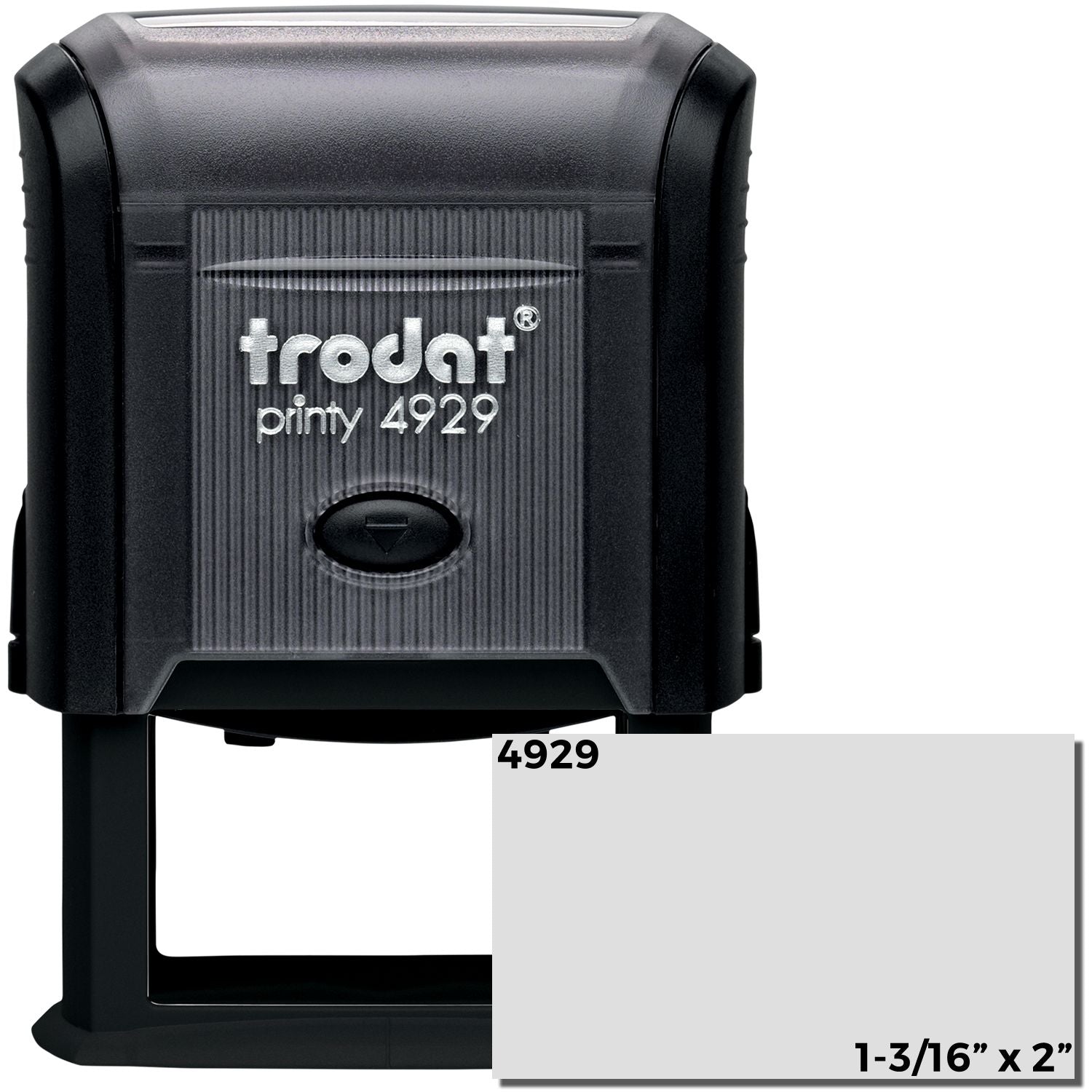 Custom Self Inking Stamp Trodat 4929, size 1-3/16 x 2 inches, black casing with trodat printy 4929 text on the front.